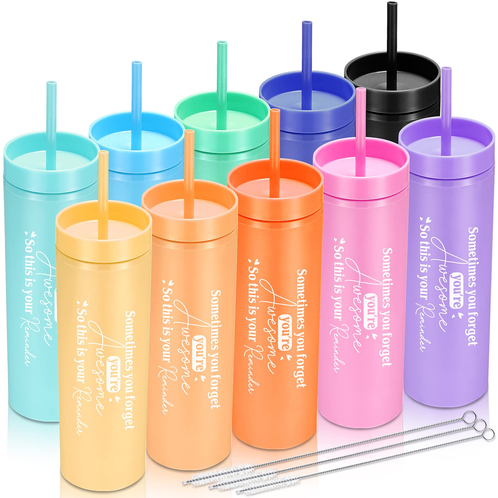 Meanplan10 Pieces Skinny Tumblers Thank You Gifts You're Awesome Acrylic Tumblers with Lids and Straws, 16oz Double Wall Plastic Tumblers Bulk Matte Pastel Reusable Colored Water Cup Reusable Cups