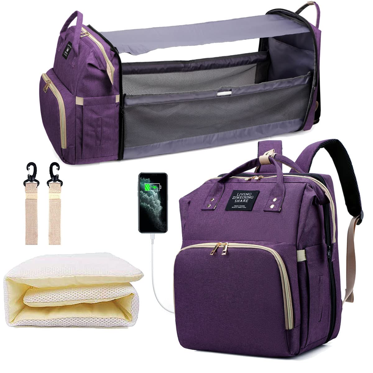 Jeryswet Diaper Bag with Changing Station, Baby Bag, Diaper Bag Backpack, Baby Bag with Built-in USB Charging Port and Stroller Straps Large Capacity Waterproof, Purple