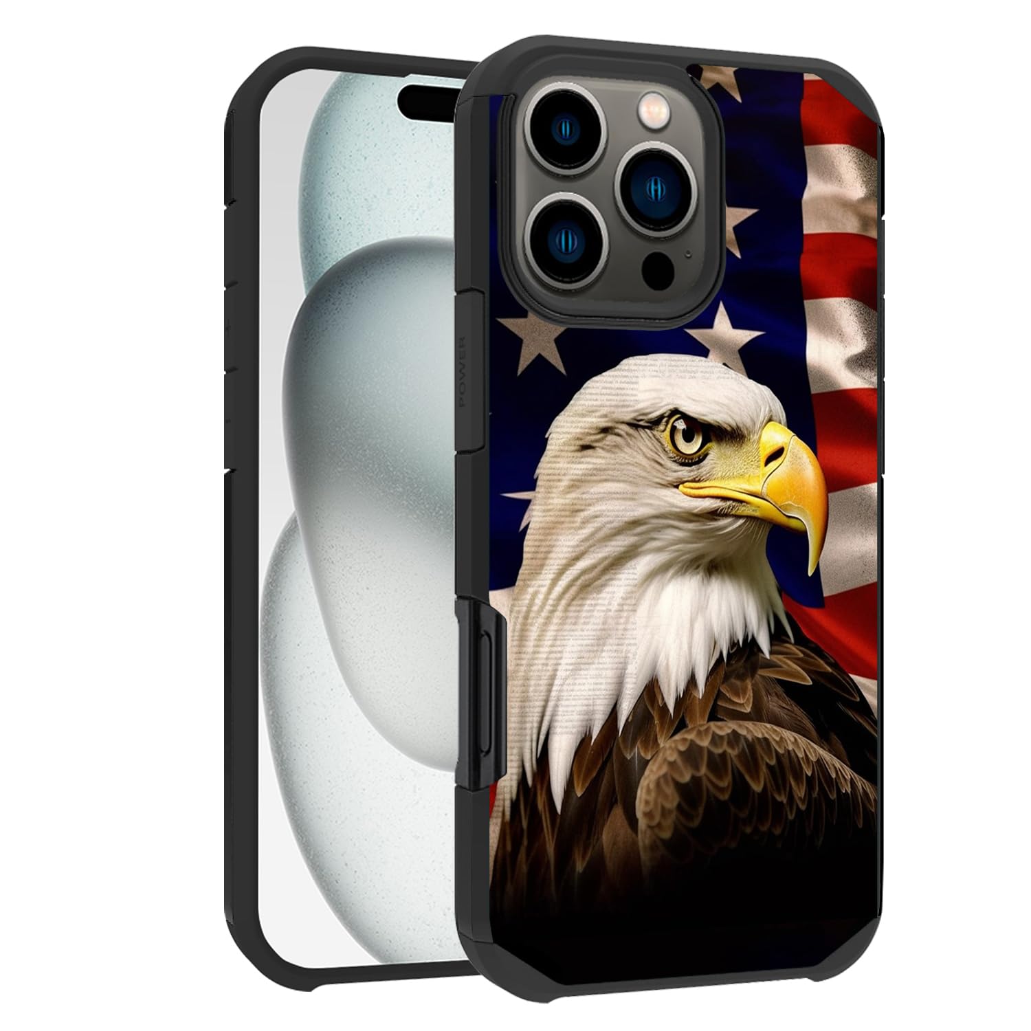 for iPhone 16 Pro Max Case, Hybrid Hard PC & Soft Silicone Heavy Duty Dual Layer Shockproof Drop Full-Body Protective Case for iPhone 16 Pro Max 6.9" - Patriotic American Flag Bald Eagle