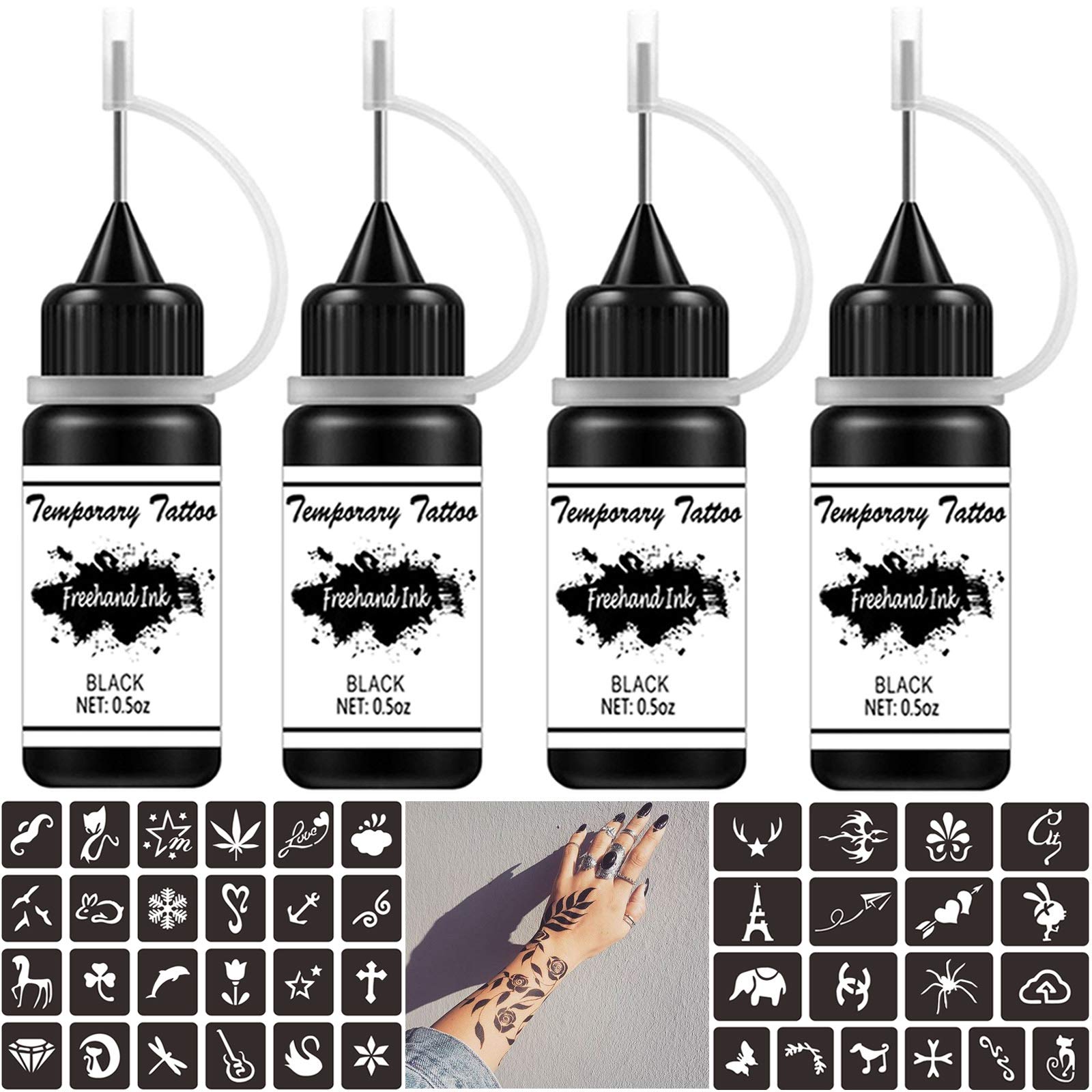 Freehand Ink Temporary Tattoo Kit Jagua Gel Semi Permanent Tattoo Inks 4 Bottles Black 2oz Temp Tattoos for Women Men Kids Body Art Painting DIY Tattoos Fake Freckles kits