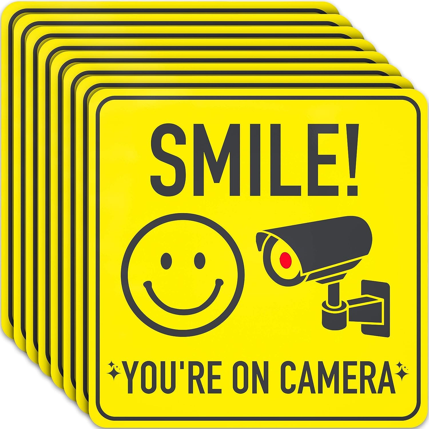 ASSURED SIGNS Smile You're On Camera Signs Stickers - 7 X 7 Inch - 8 Pack - Polite Video Surveillance Security Sign to Prevent Trespassing on Your Private Property - Perfect for House, Business, Yard or Driveway