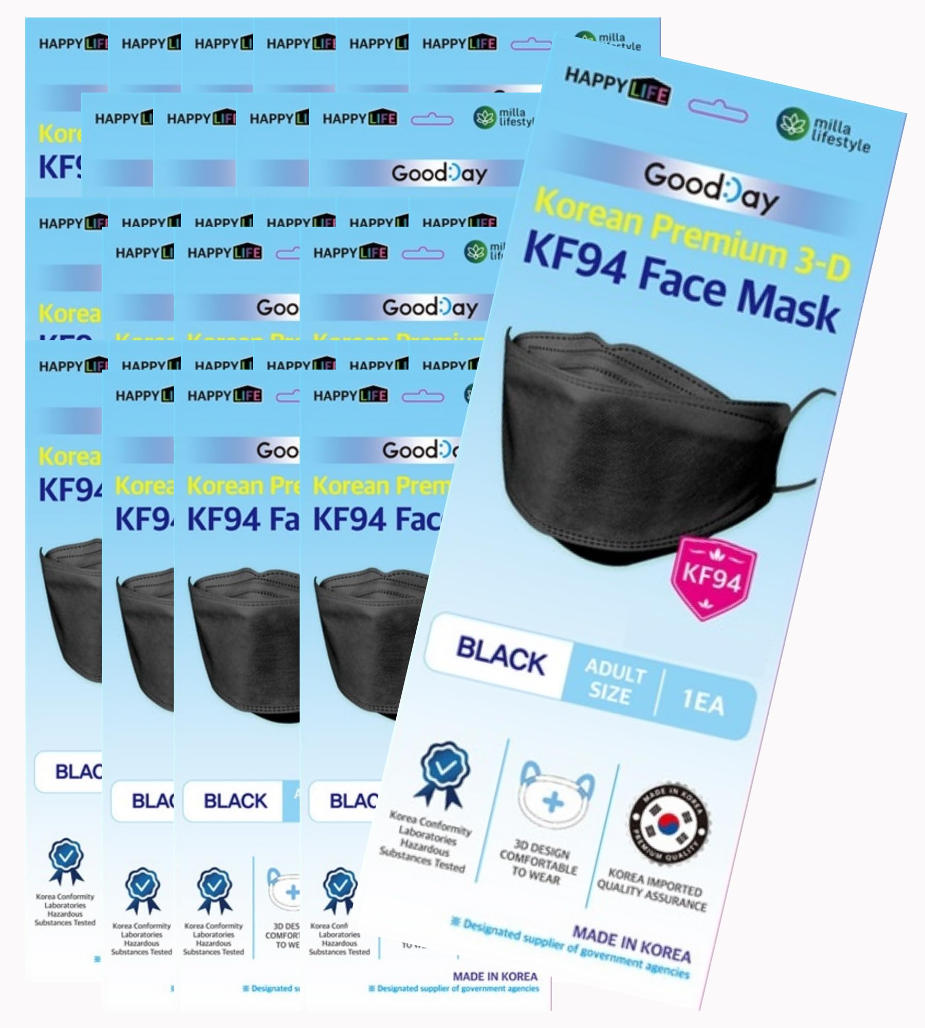 (30PCS) Good Day KF94 Black Face Masks, 4-Layer Filters Breathable Comfortable Nose, Made in Korea.