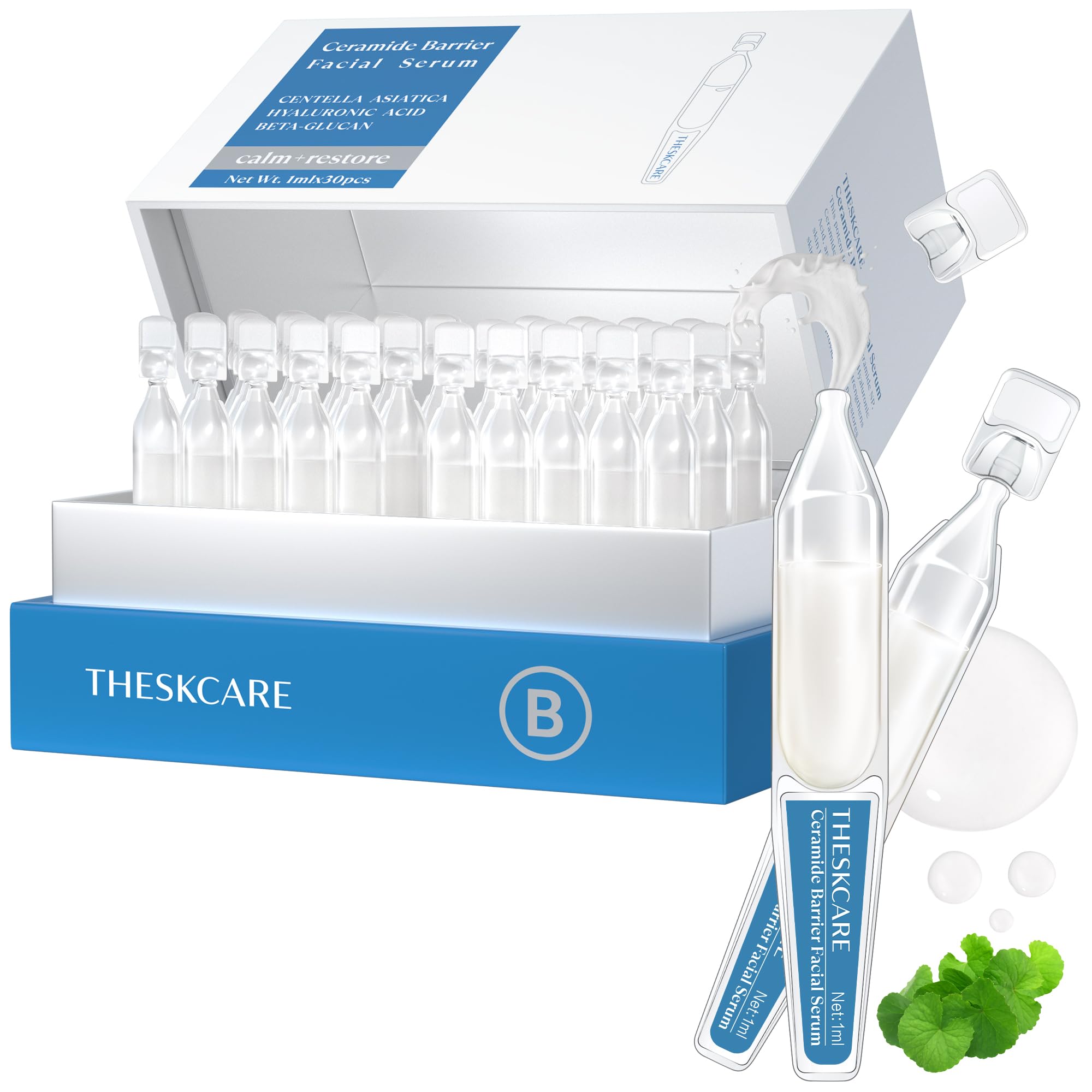 THESKCARECeramide Barrier Serum for Face with Hyaluronic Acid,Centella Asiatica & Beta Glucan,Smoothing Facial Serum for Skin Barrier,Redness & Dry Skin,Calming & Hydrating,30 Ampoules