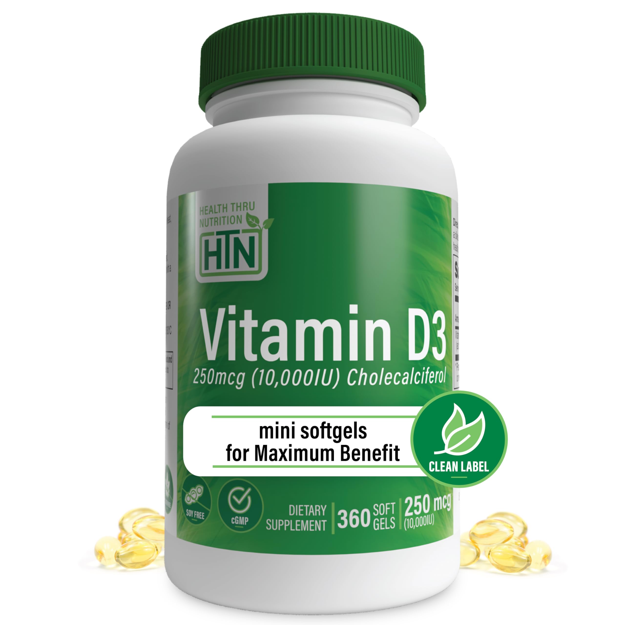 Health Thru Nutrition Vitamin D3 10,000iu 360 Mini Softgels for Maximum Benefit Year Supply | 250mcg Cholecalciferol | 3rd Party Tested | Non-GMO USP Grade in Organic EVOO | Immune Health Support