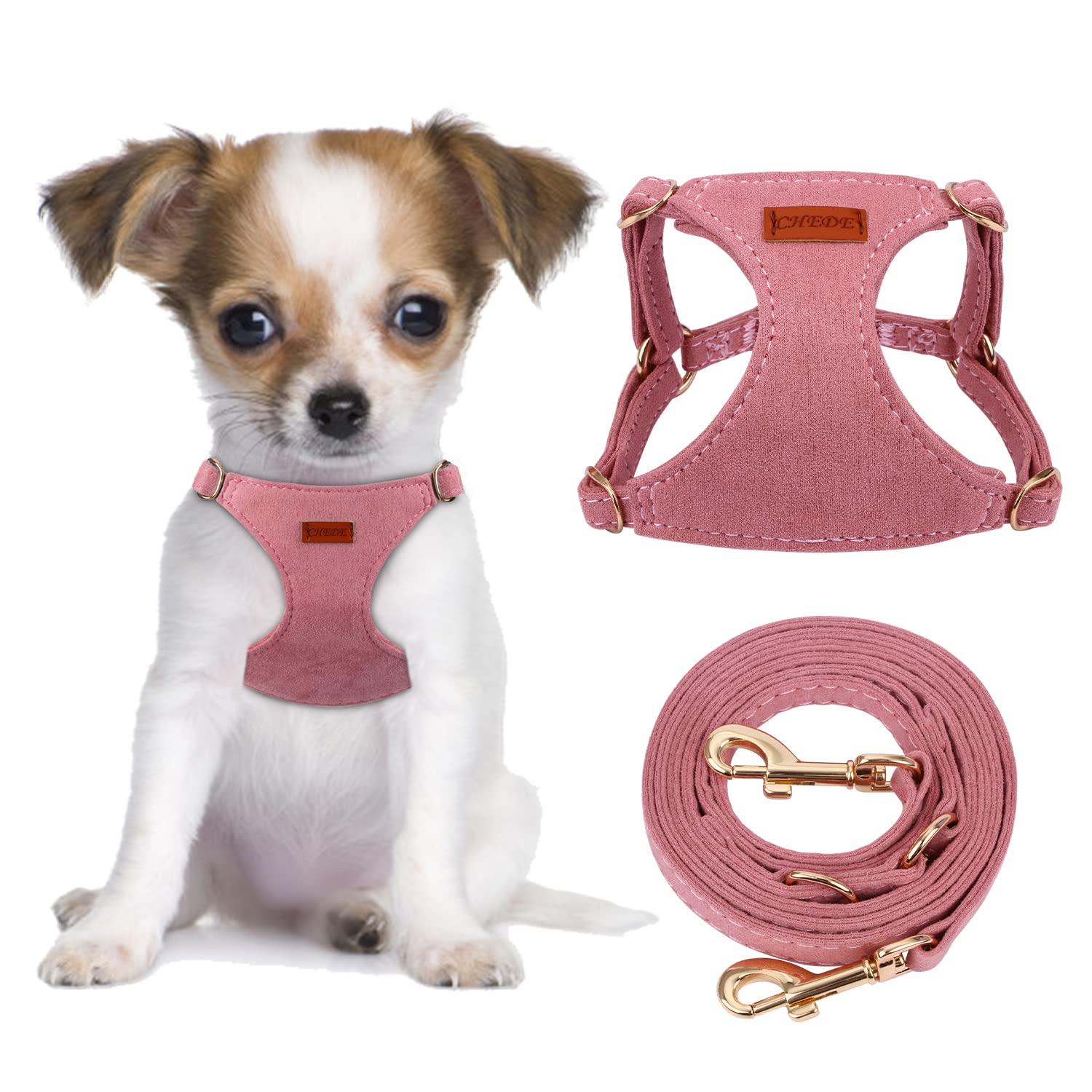 CHEDE No Pull Puppy Harness and Multifunction Dog Leash Set- 8 Colors Soft Adjustable No Choke Escape Proof Cute,Lightweight Pet Vest Harness for Small and Medium Dog (XXS, Antique Pink)