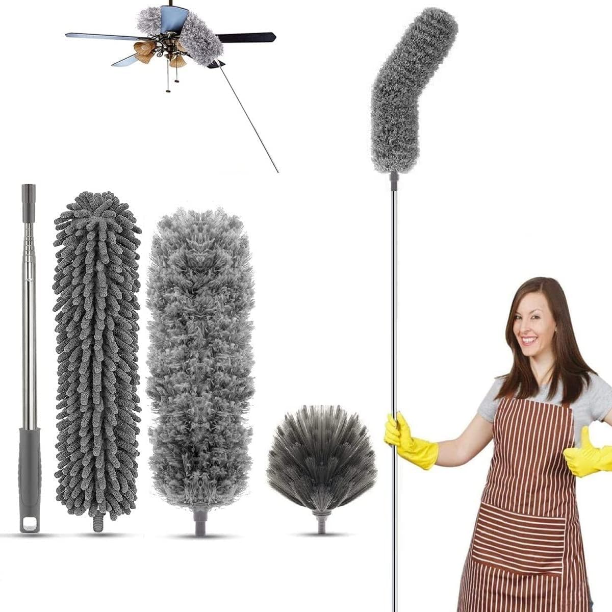 Rylan 3 in 1 Long Handle Microfiber Feather Ceiling Duster with Extendable Pole 30-100 Inch with Anti Scratch Bendable Head for Cleaning High Cobweb Stick High Ceiling Fan - Stainless Steel,Grey