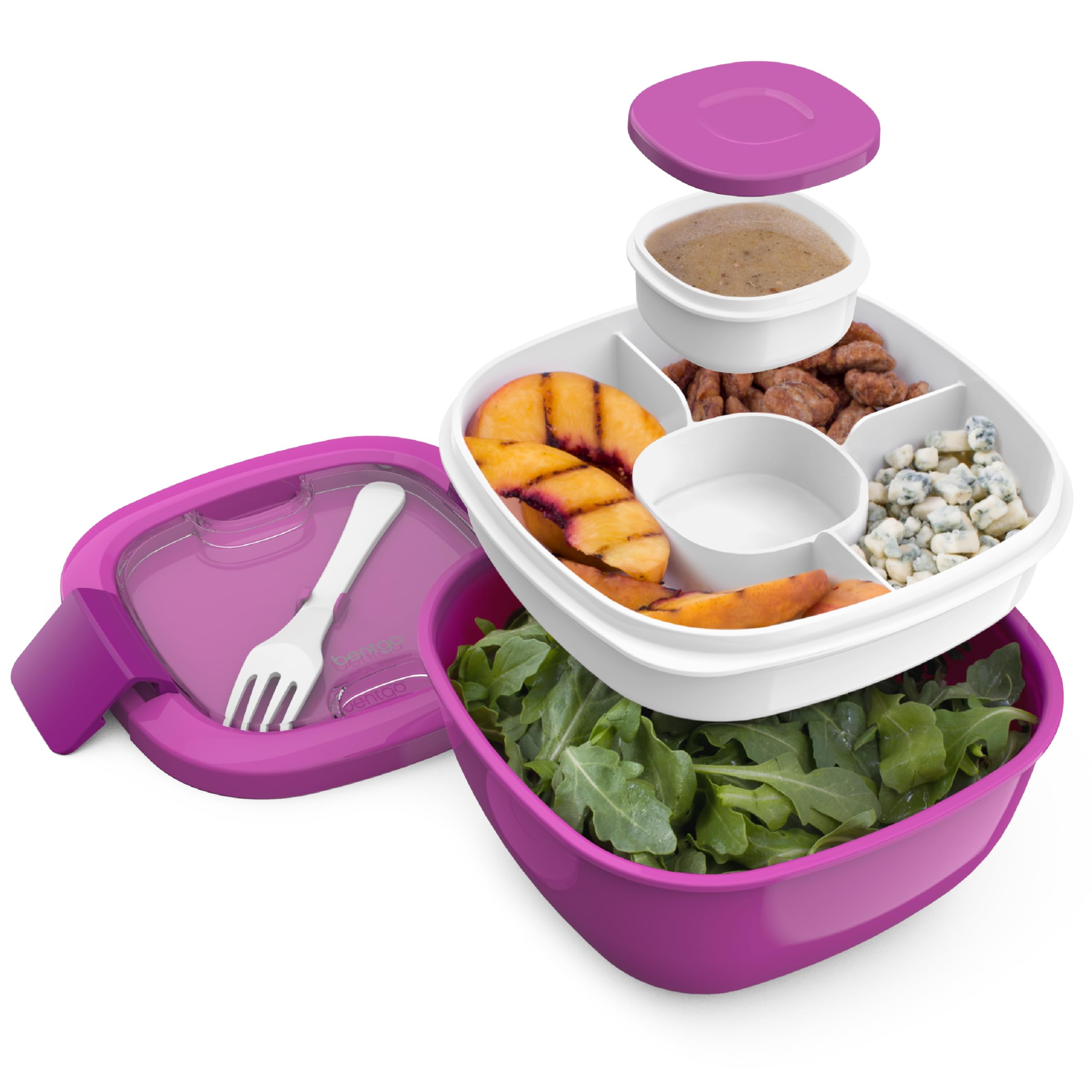 BentgoAll-in-One Salad Container - Large Salad Bowl, Bento Box Tray, Leak-Proof Sauce Container, Airtight Lid, & Fork for Healthy Adult Lunches; BPA-Free & Dishwasher/Microwave Safe (Purple)