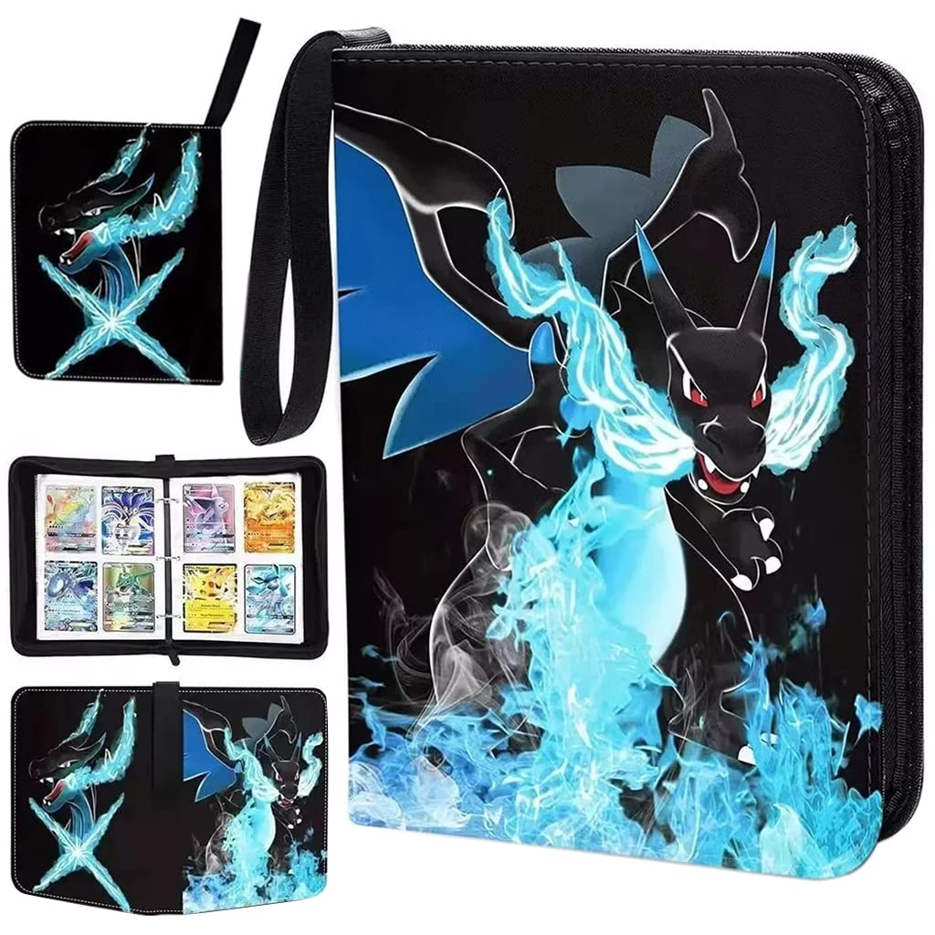 PATPAT® Poke-mon Binder, Poke-mon Cards Album for 400 Poke-mon Cards Cartoon Prints Zipper Bag Trading Card Binder Poke-mon Collection Cards Pack Bag Game Cards Case Gift for Kids -Charizard X