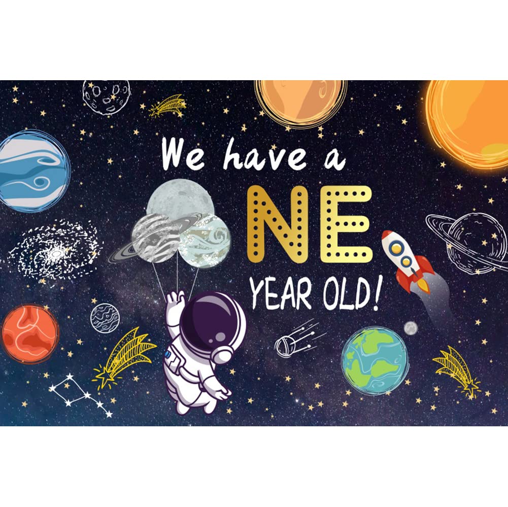 DORCEV 7x5ft Cartoon Theme Outer Space Backdrop Planets Astronaut Starry Sky Happy Birthday Photography Background We Have a One Year Old Party Banner Kids Boys Girls Birthday Party Decor Props