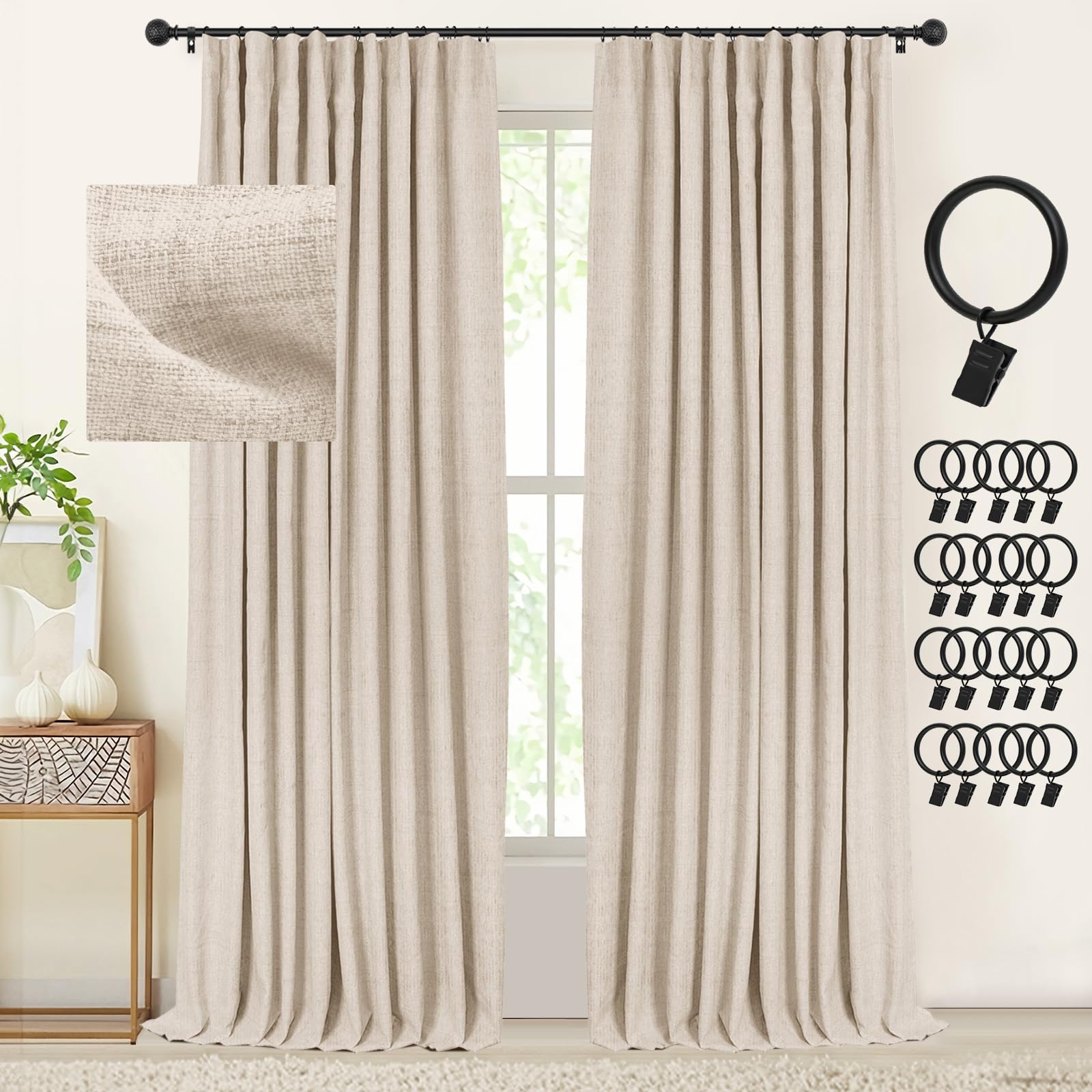 INOVADAY Blackout Curtains, 2-Panel Linen Textured 100% Thermal Insulated Room Darkening Sun Blocking Drapes for Bedroom, Nursery, Living Room + 20 Curtain Ring Clips - W50 x L96, Oatmeal