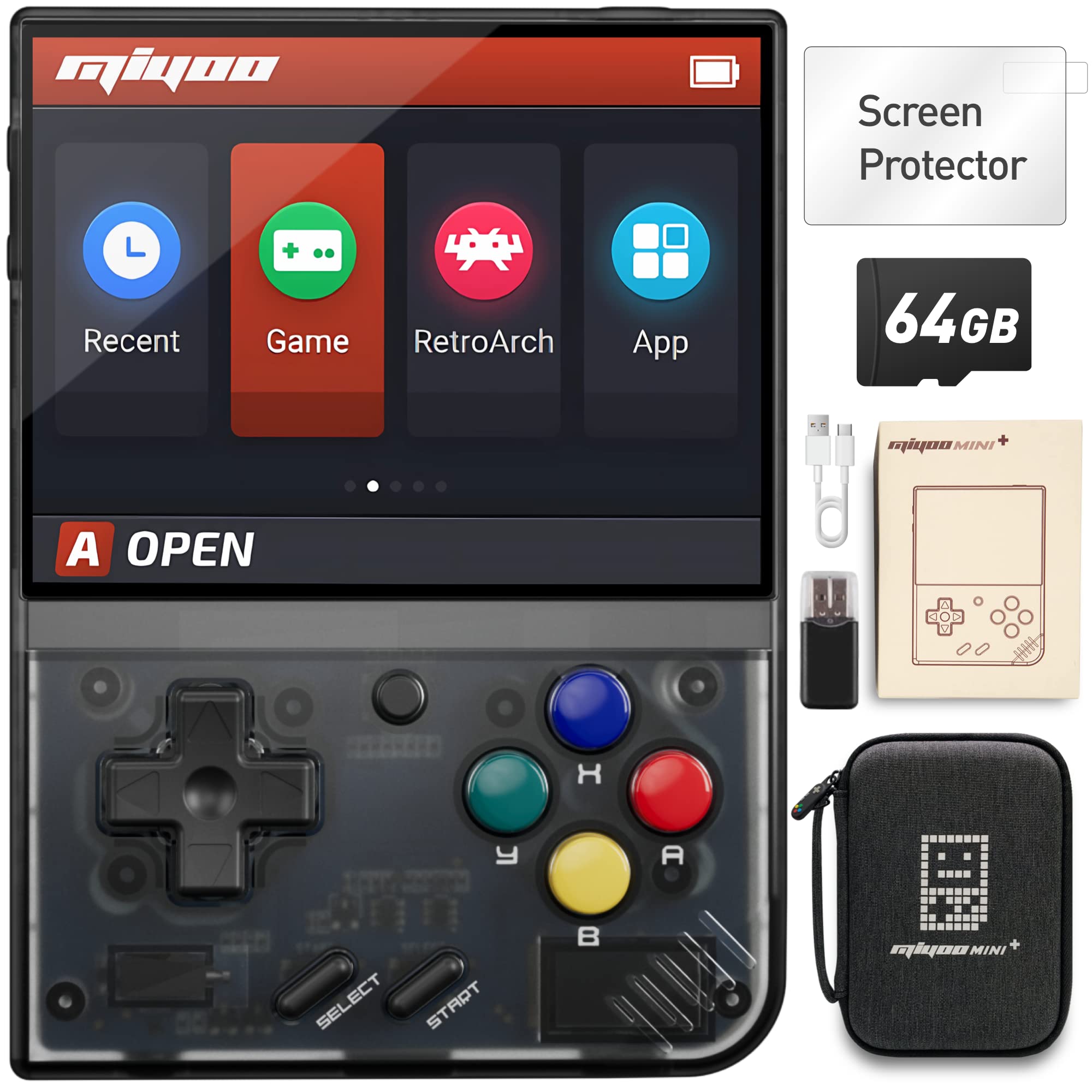 migofee Miyoo Mini Plus Retro Gaming Console, with Dedicated Storage Case, 3.5 Inch IPS 640x480 Screen, 64G TF Card with 10,000+ Games, 3000mAh 9+Hours Battery, Support Wireless Network