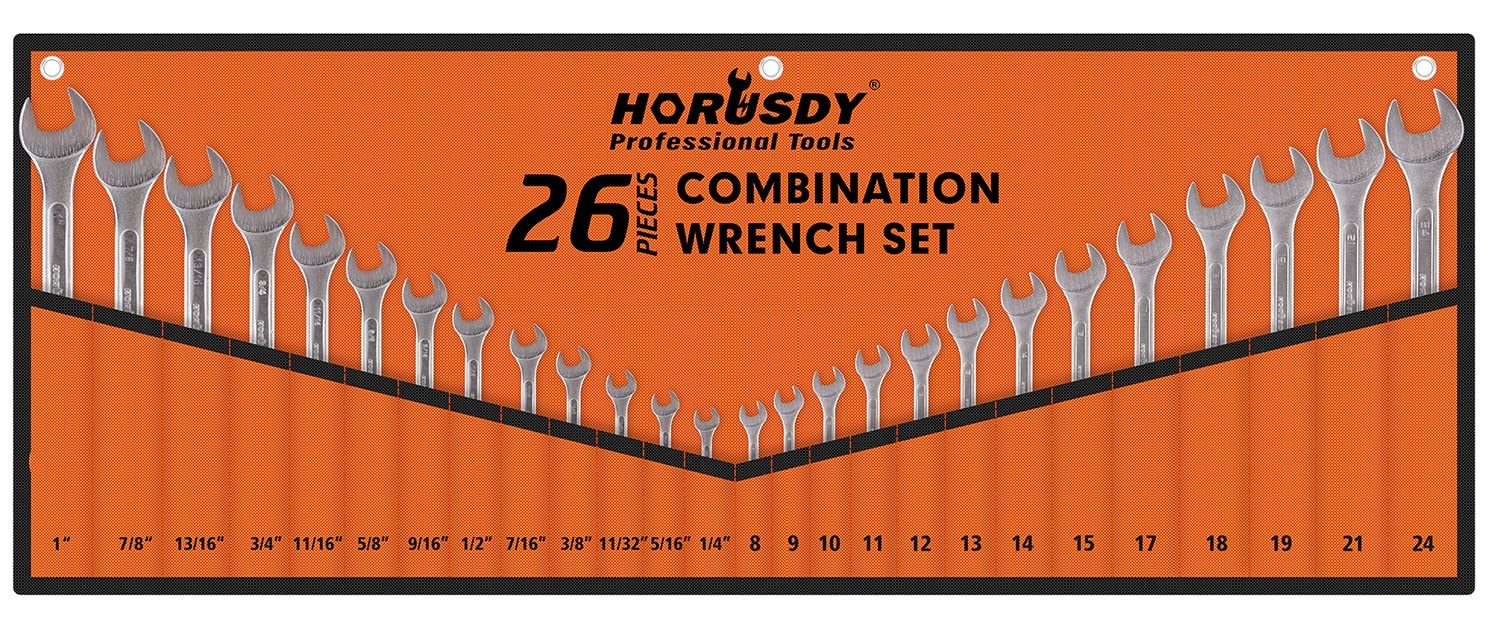 HORUSDY26-Piece Wrench Set | Combination Wrench Set with Roll-up Pouch | SAE 1/4” - 1” and Metric 8mm - 24mm Wrench Set Metric and Standard