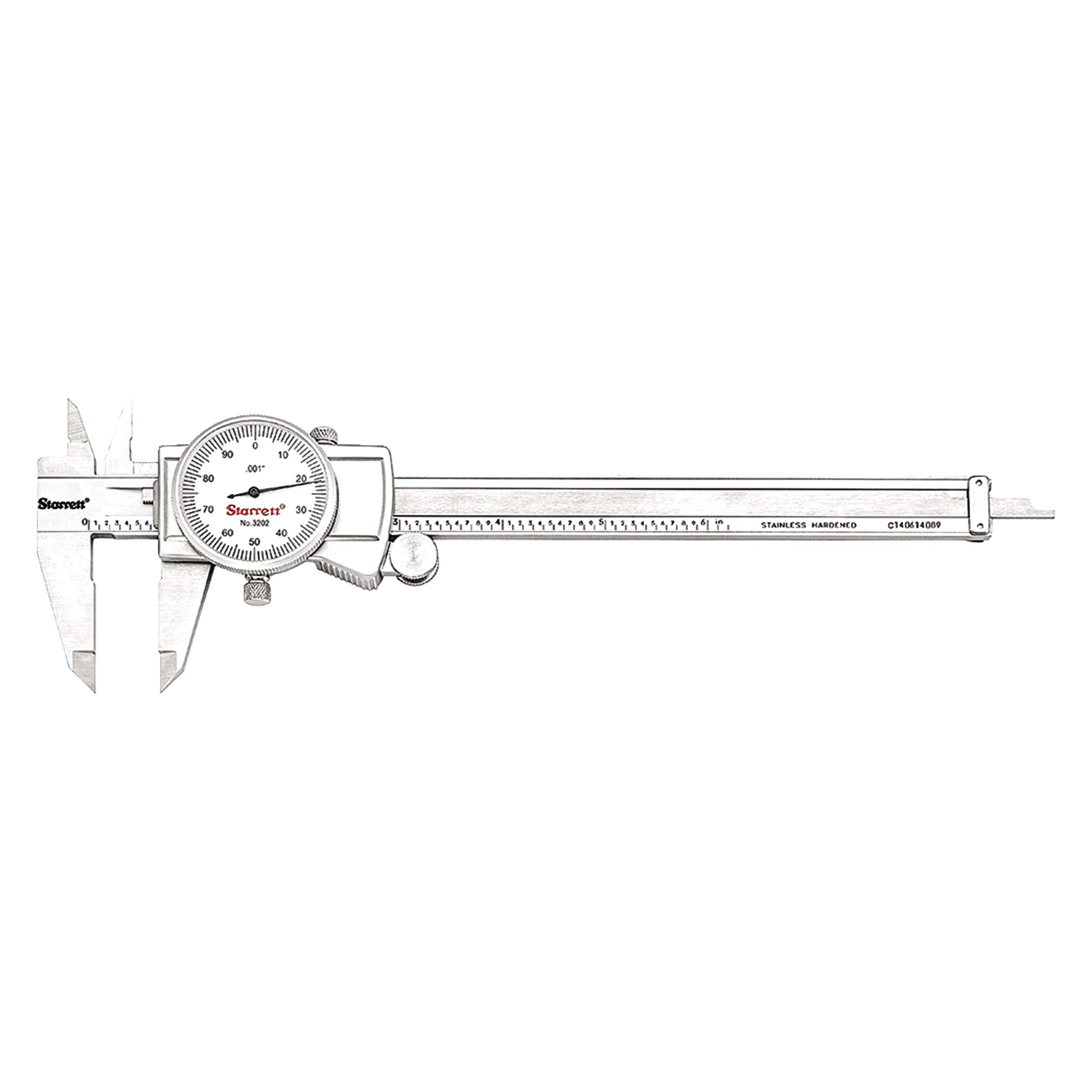 Starrett Dial Caliper with Adjustable Bezel and Fitted Case - White Face, 0-6" Range, +/-0.001" Accuracy, .001" Graduations - 3202-6