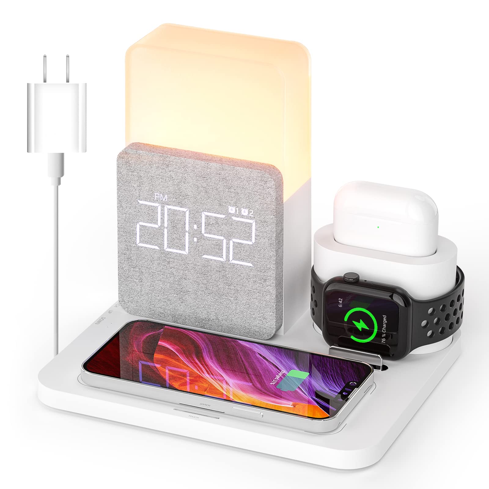 Wireless Charging Station, 3 in 1 Charging Station, Alarm Clock with Wireless Charger, Wireless Charger for iPhone 16 15 14 13 12 11 X Pro Max & Apple Watch, AirPods(QC3.0 Adapter Included)