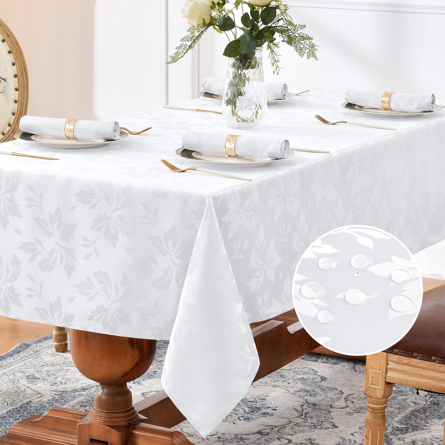 Romanstile Spring Jacquard Rectangle Tablecloth - Waterproof Damask Floral Pattern Decorative Table Cloths Heavy Weight Fabric Table Covers for Dinner/Parties/Outdoor - 52 x 70 Inch,White