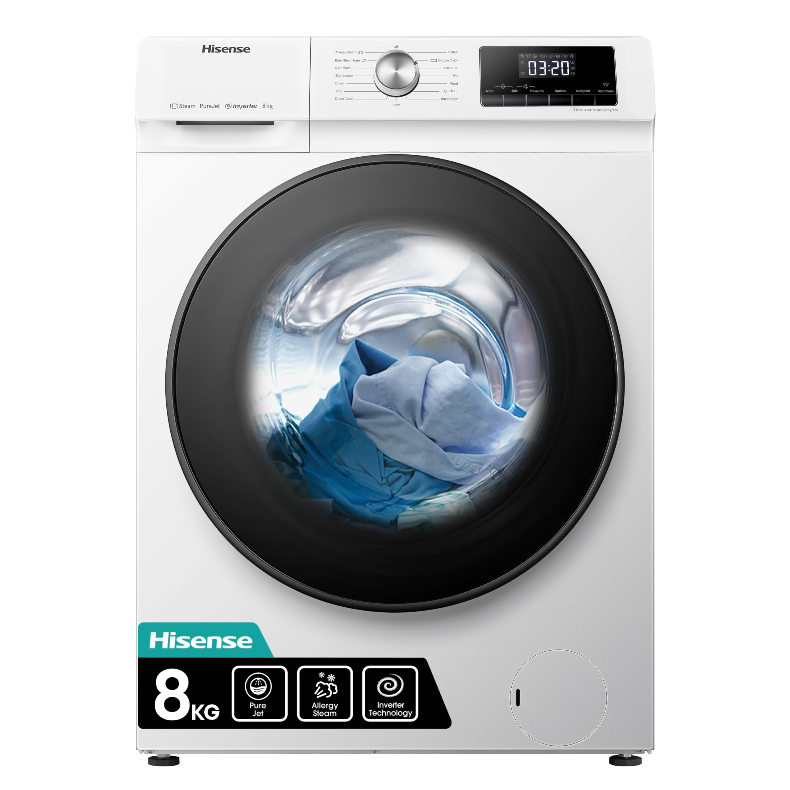 Hisense 3 Series WFQA8014EVJM Freestanding 8 KG Front Load Washing Durable Inverter Machine Steam Wash Quick Wash 15 Washing Programs 1400 RPM White Energy Rating A [Energy Class A]