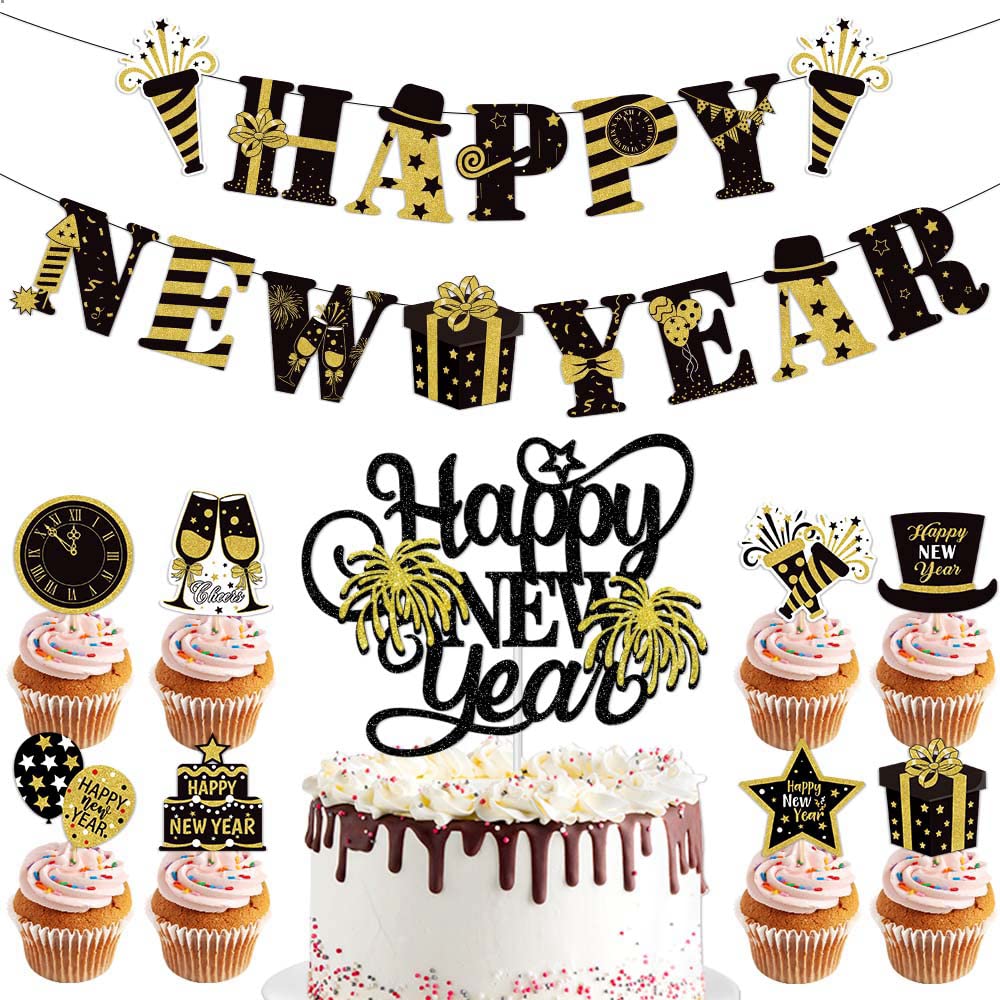 Happy New Year Decorations 2023 - Black and Gold Happy New Year Banner, Cake Cupcake Toppers for New Years Eve Party Supplies, NYE Photo Booth Props for Adults Kids Boys Girls Party Decor