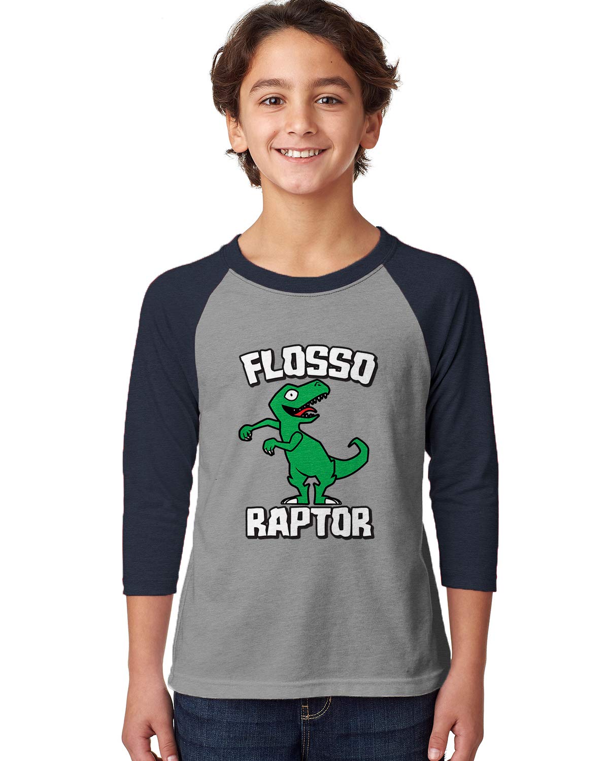 SpiritForged Apparel Flosso Raptor Youth 3/4 Raglan Shirt, Navy/Heather Large