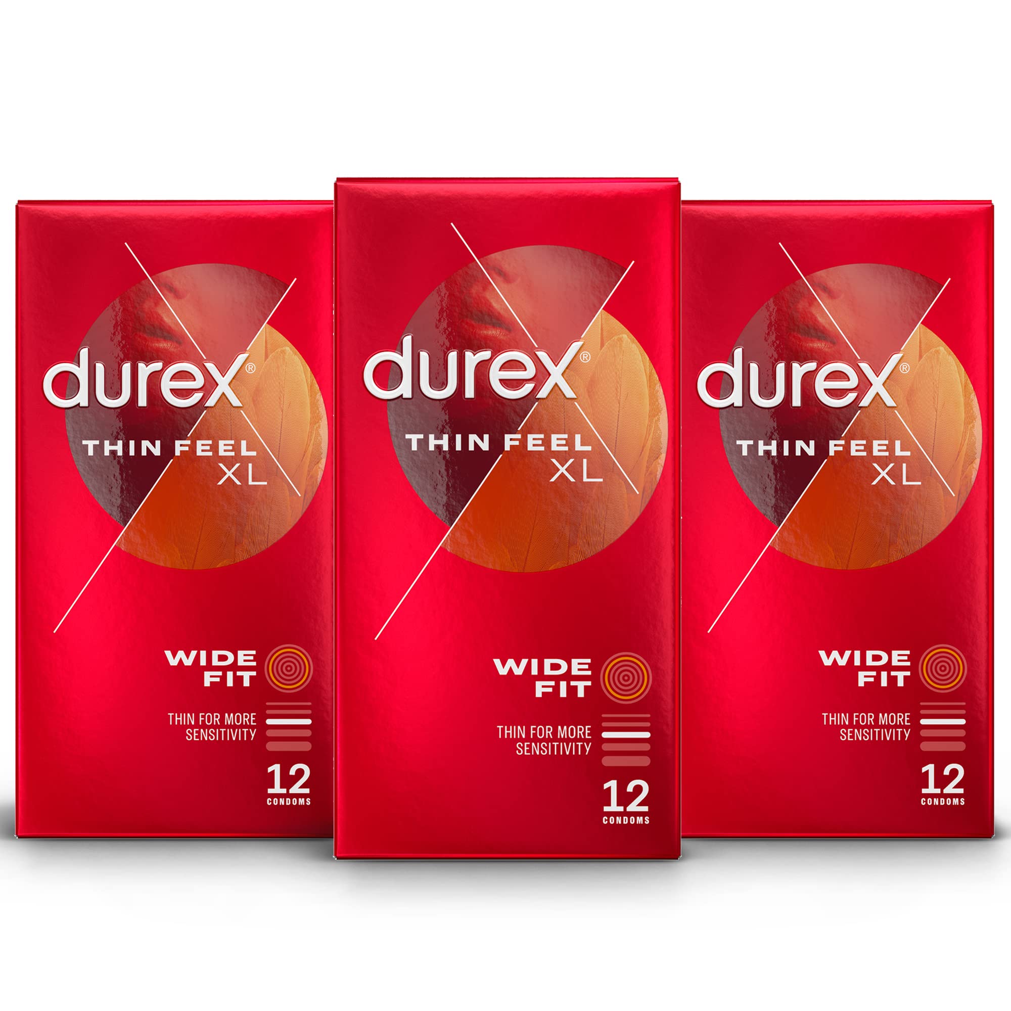 DurexThin Feel XL Condoms for Enhanced Feeling and Sensitivity, Extra Large Condoms, Pack of 3 x 12 Condoms, Total 36 Condoms