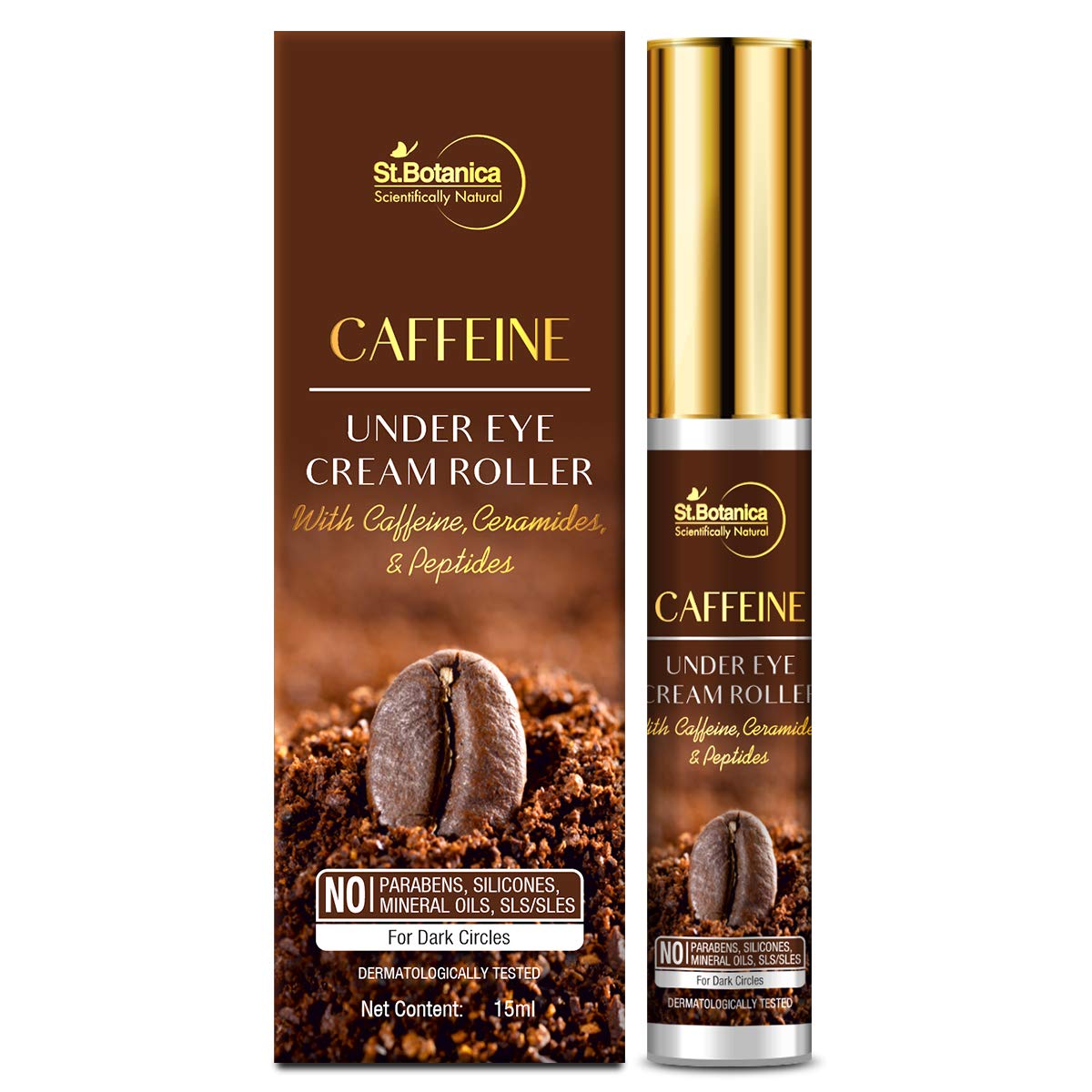 St.Botanica Caffeine 2% Under Eye Cream Roller, 15ml - With Ceramides And Peptides - No Parabens, Silicones, Mineral Oils, SLS/SLES