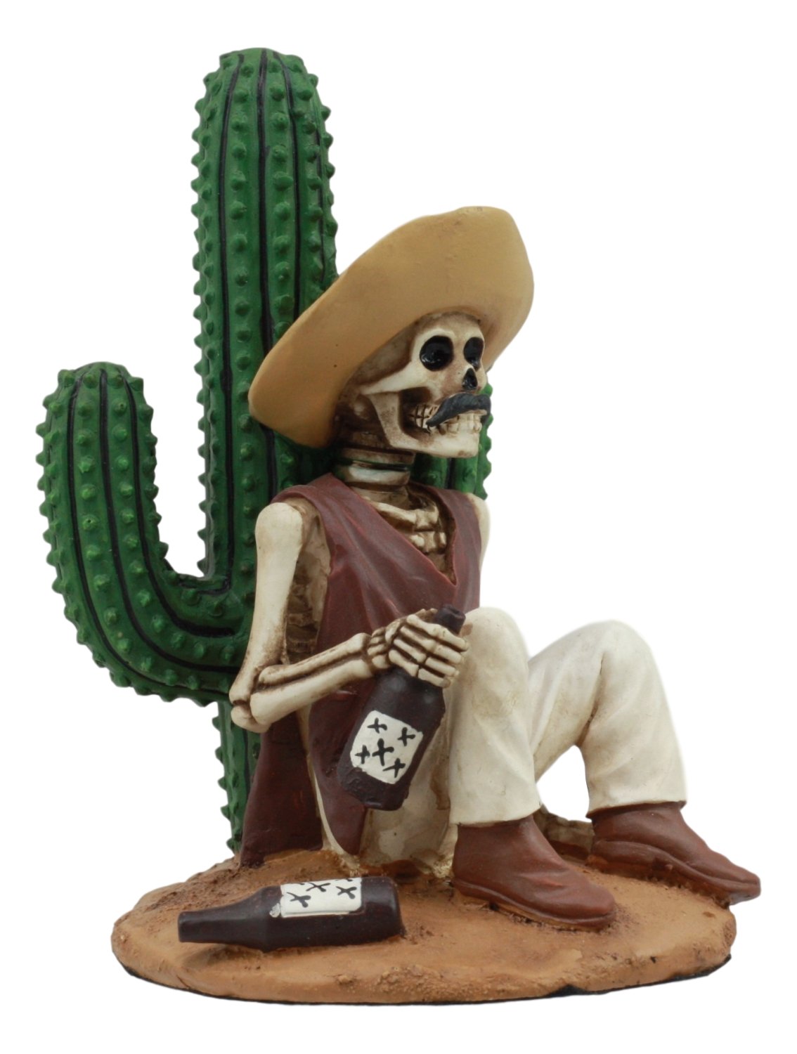 Ebros Day of The Dead El Borracho Drunk Desert Bandit Skeleton Statue 5" Tall Dias De Muertos Skeleton Alcoholic Bandit Sitting by Cactus Figurine