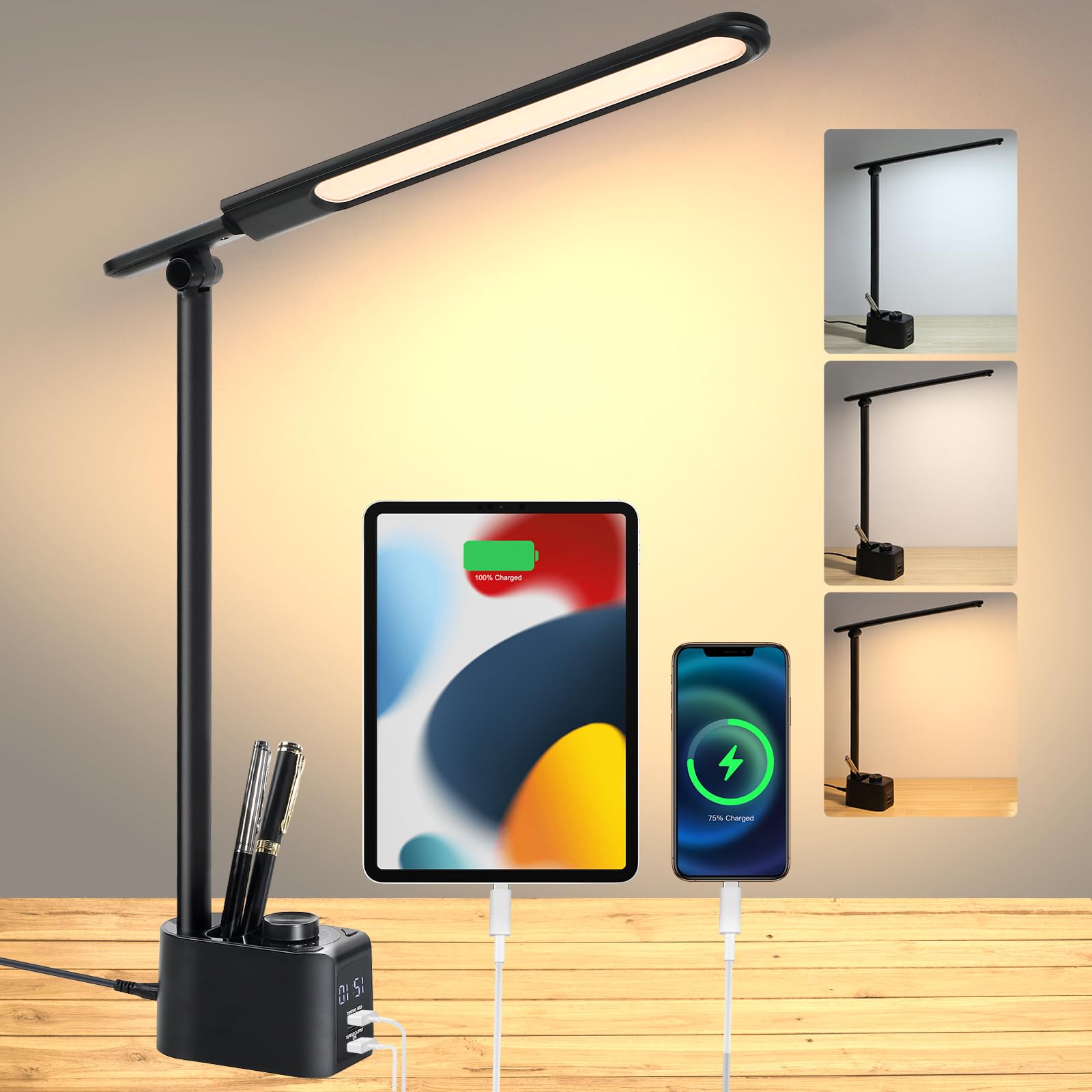 LightessLED Desk Lamp with 2 USB Charging Ports, 50 Lighting Modes Dimmable Table Desk Light with Pen Holder Black Desktop Lamp Clock, Foldable Task Desk Lighting for College Dorm Room Home Office