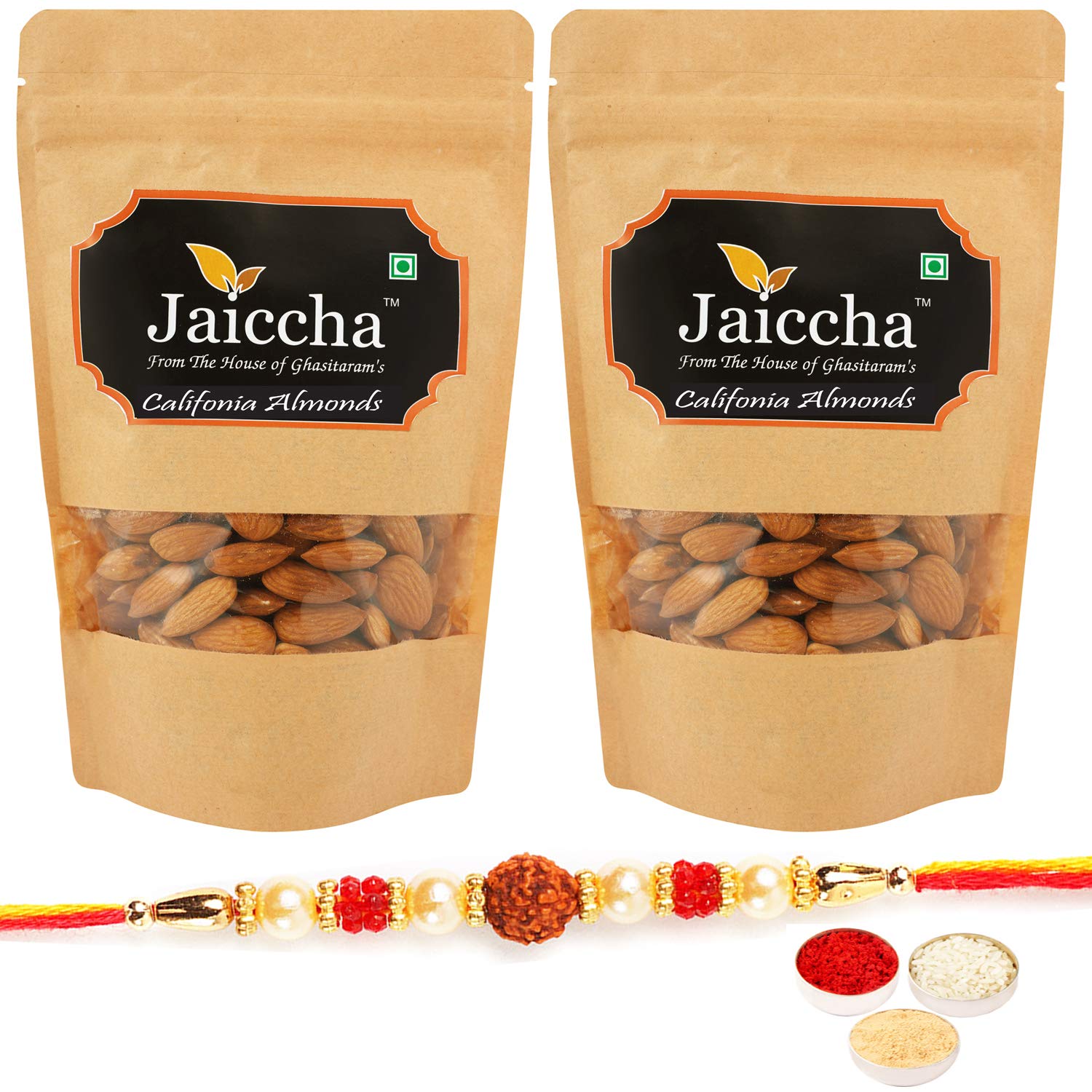 Jaiccha Ghasitaram Rakhi Gifts for Brothers Rakhi Dryfruits - American/ Califonia Almonds 400 GMS in Brown Paper Pouch with Rudraksh Rakhi