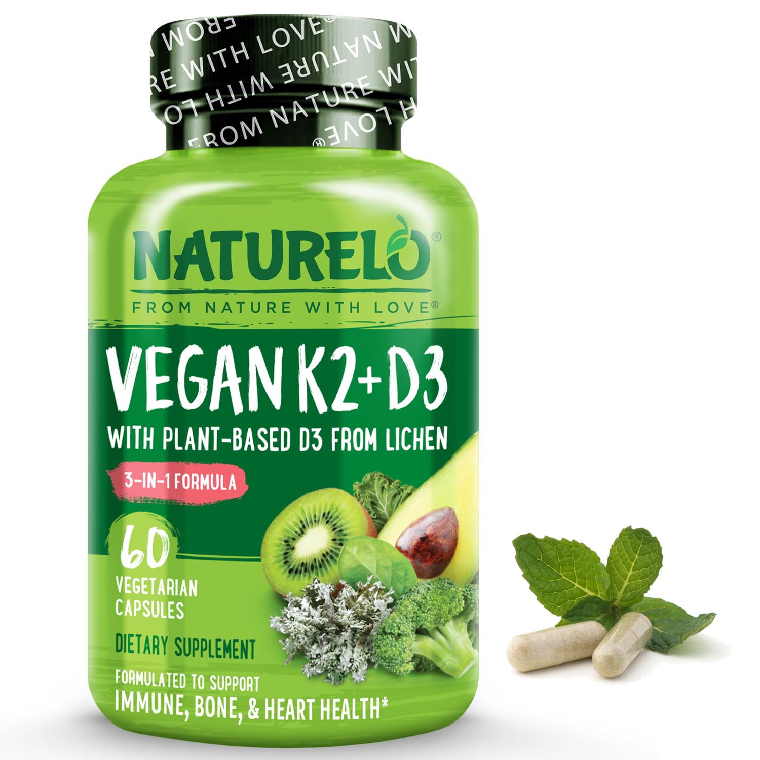 NATURELO Vegan K2+D3 - Plant Based D3 from Lichen - Natural D3 Supplement for Immune System, Bone Support, Joint Health - Whole Food - Vegan - Non-GMO - Gluten Free - 60 Capsules