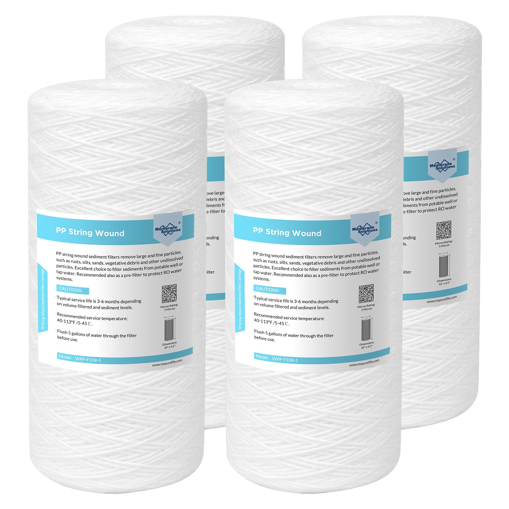 Membrane Solutions 5 Micron 10"x4.5" String Wound Whole House Water Filter Replacement Cartridge Universal Sediment Filters for Well Water - 4 Pack