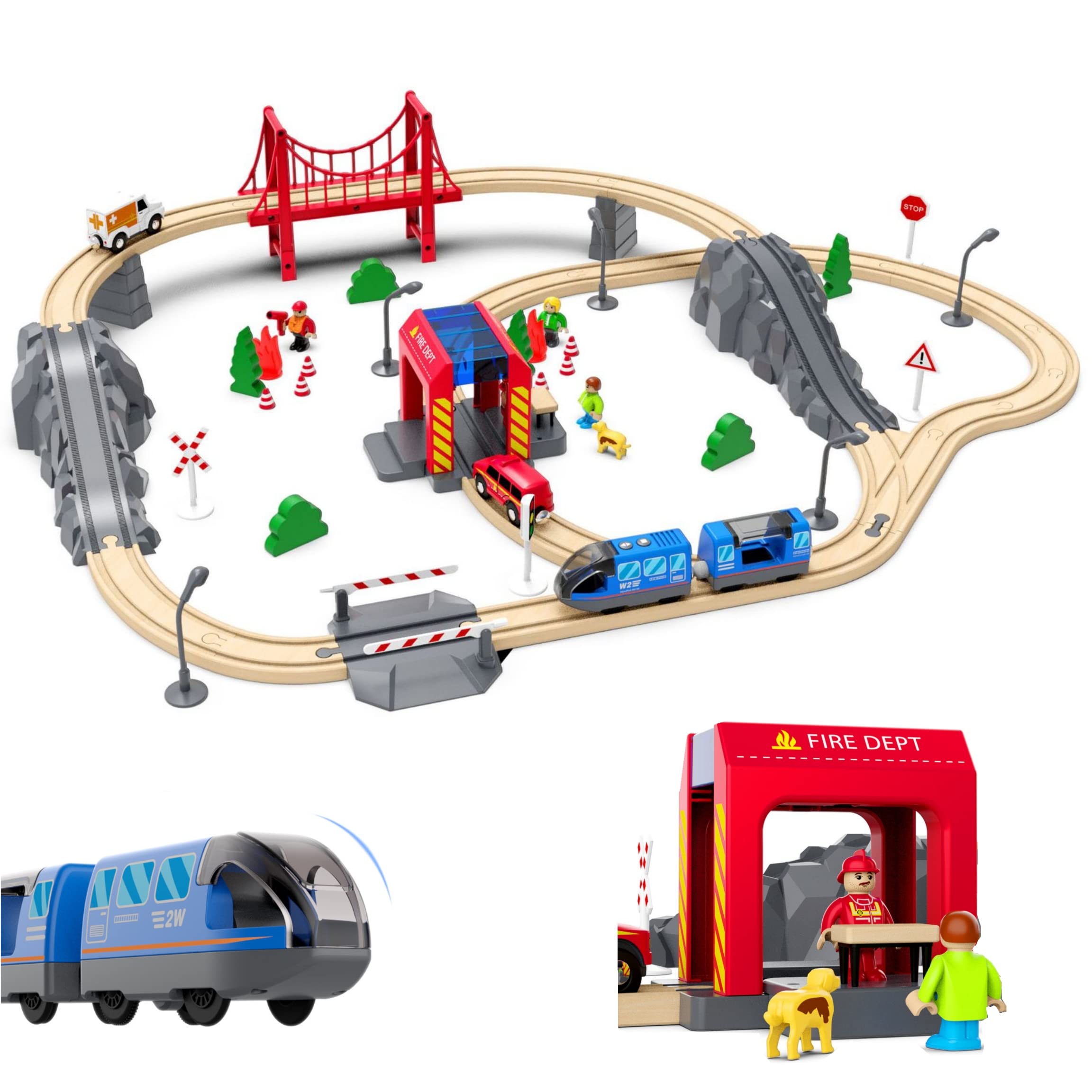 AM ANNA Wooden Train Set for Toddler,70 Piece with Wooden Tracks and Battery Locomotive Train Fits Other Expandable, Changeable-Train Toy for 3 4 5 Years Old Girls & Boys (70Pcs Wooden Tracks Set)