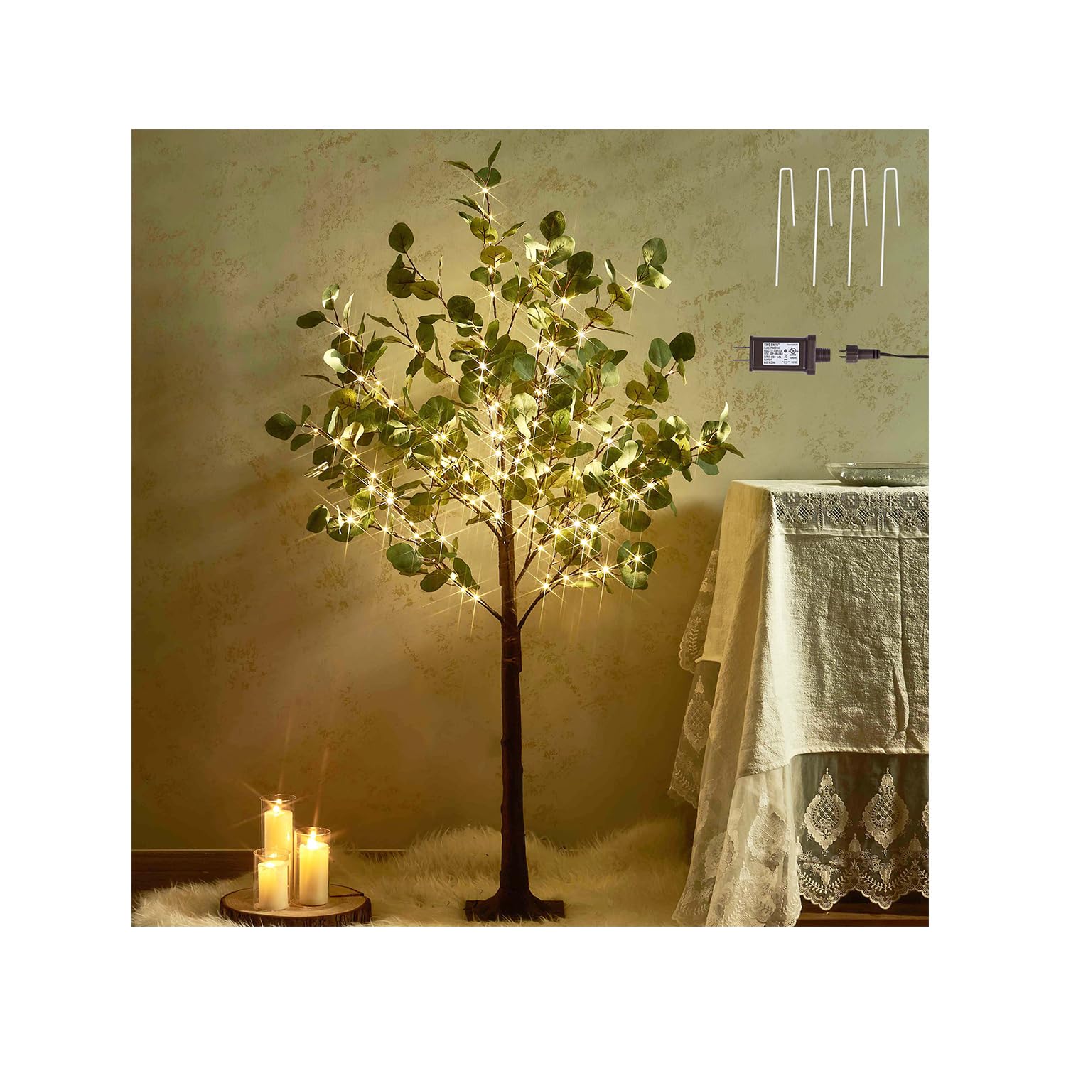 HairuiLighted Eucalyptus Tree Plug in 4FT 160 Warm White LED Artificial Greenery Tree with Lights for Wedding Halloween Christmas Holiday Home Party Decoration