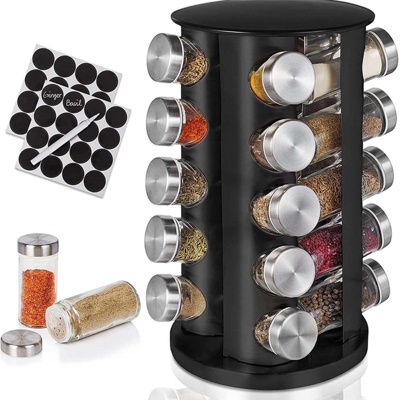 EBIZ&TECH 20-Jar Stainless Steel Rotating Spice Rack with Non-Slip Base - Kitchen Countertop Organizer for Easy Access and Storage of Spices (Black)