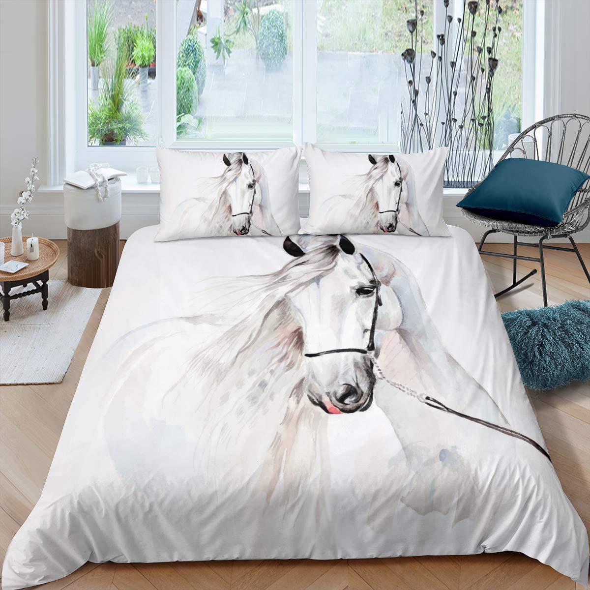 Feelyou Boys Duvet Cover Set Twin for Kids Teens Horse Bedding Set 3D Steed Print Comforter Cover Wildlife Bedspread Cover Animal Microfiber Quilt Cover White Bed Cover Watercolor Cool