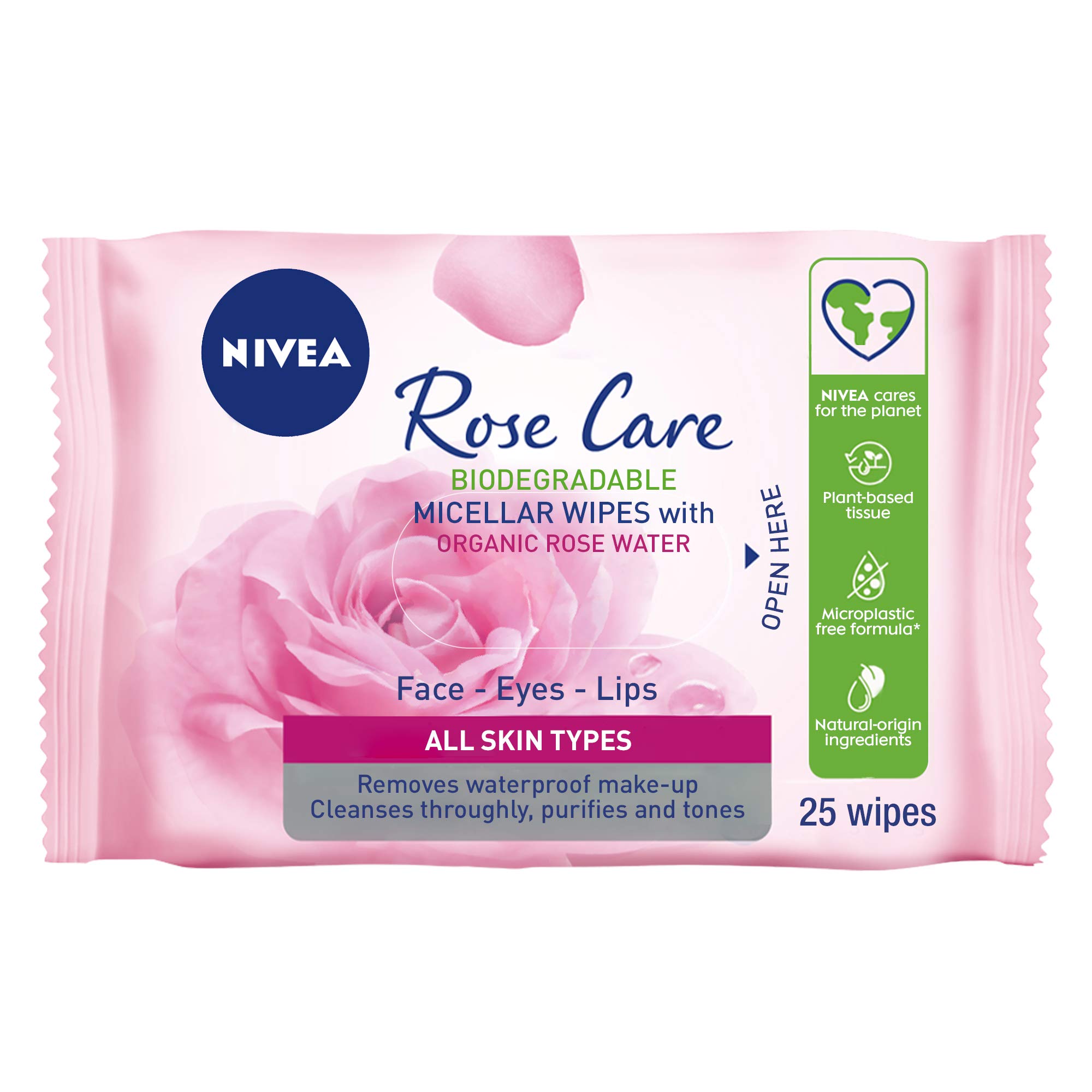 NIVEAFace Wipes Micellar, Rose Care with Organic Rose Water, All Skin Types, 25 Wipes