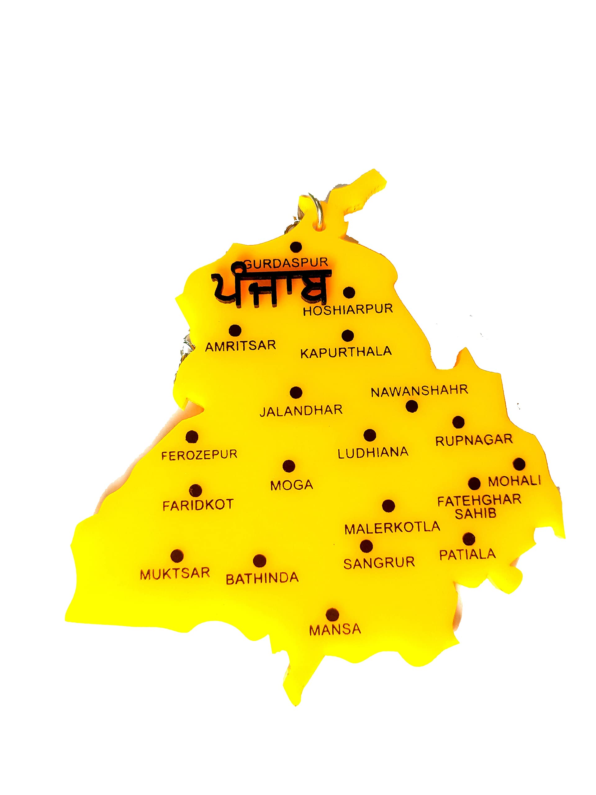 SNG Single One Side ਜ਼ਿਲ੍ਹਿਆਂ ਅਤੇ ਸ਼ਹਿਰਾਂ ਨਾਲ ਪੰਜਾਬ ਦਾ ਨਕਸ਼ਾ Punjab Map with Districts for Car Hanging Material-Acrylic Yellow Color