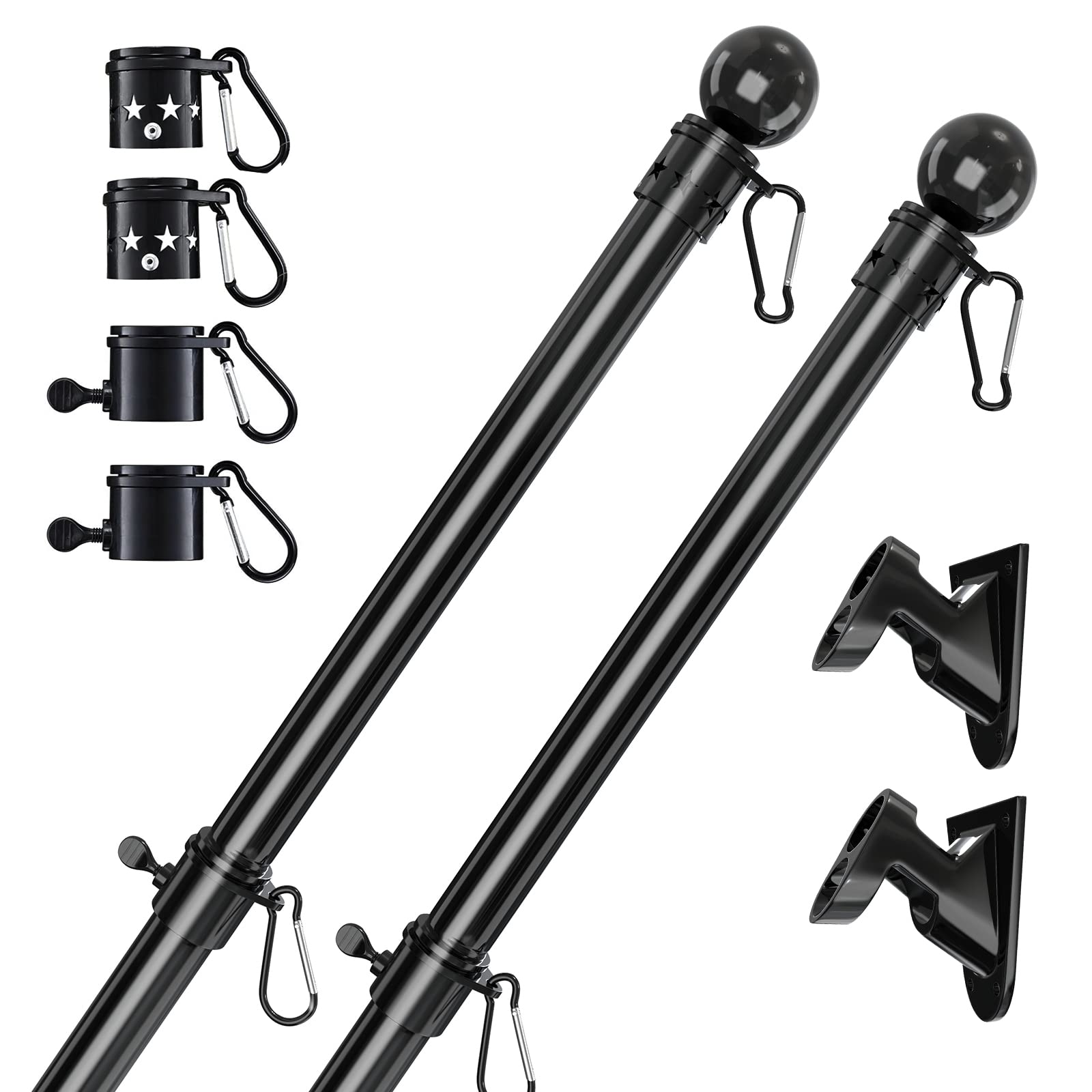 YeYeBestFlag Pole, 6 FT-2PACK Flag Pole Kit for House, 2 No-Tangle Rings Clips, Flag Holder Bracket, Stainless Steel, Black