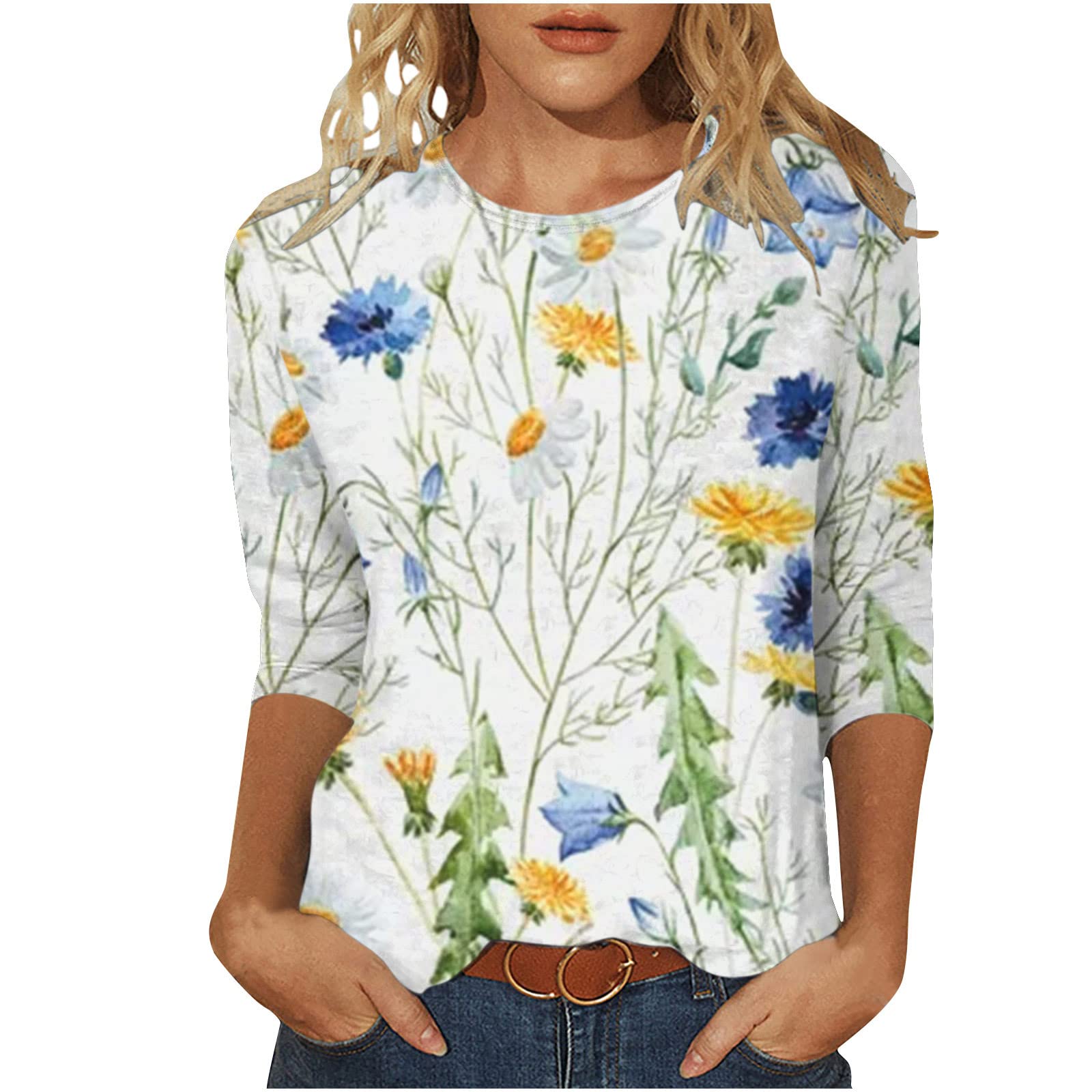 3/4 Sleeve Blouses for Women Casual Crewneck Floral Cute Shirts Trendy Three Quarter Lebgth Summer Tops Pullover