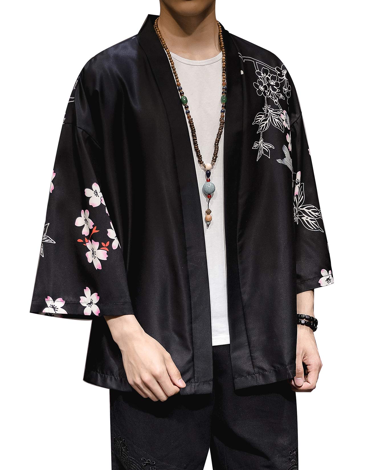 PRIJOUHE Men's Kimono Cardigan Jacket Japanese Style Flying Crane Seven Sleeves Open Front Coat