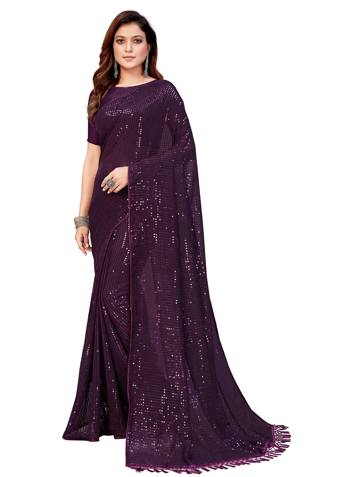 Pratham BlueWomen's Sequins Georgette Fancy Saree With Blouse Piece