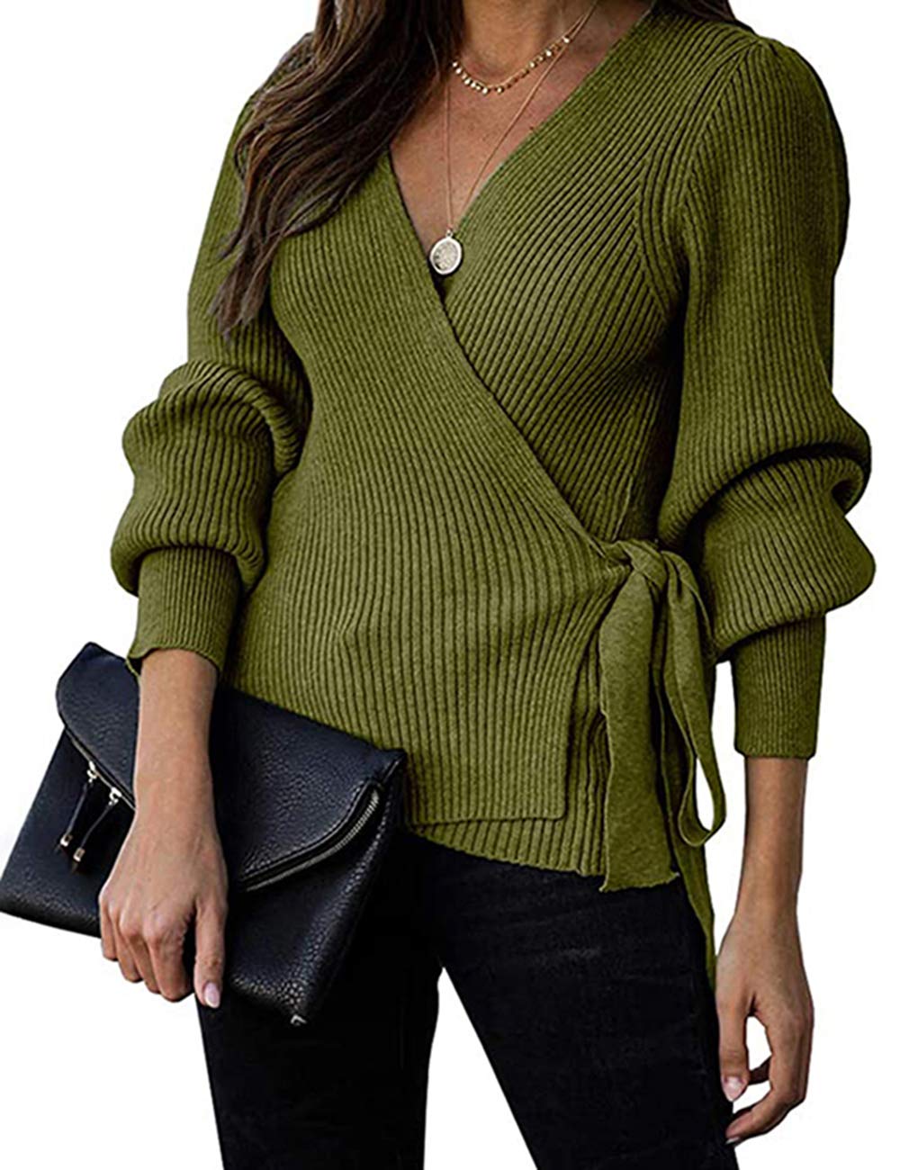 MUCOOWomen's Tie Knot Sweater Wrap V Neck Ballon Sleeve Knitwear Casual Tops