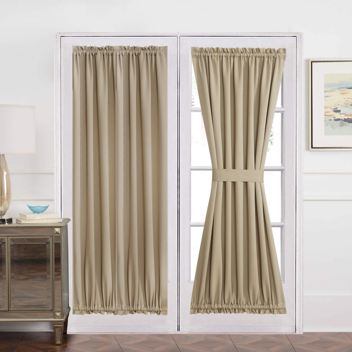 Aquazolax Blackout French Door Curtain Window Treatment Cover for Privacy Heavy-Duty Thermal Insulated Drapery 54Wx72L Sliding Glass Door Panels with Bonus Adjustable Tieback - 1 Pair, Taupe/Khaki