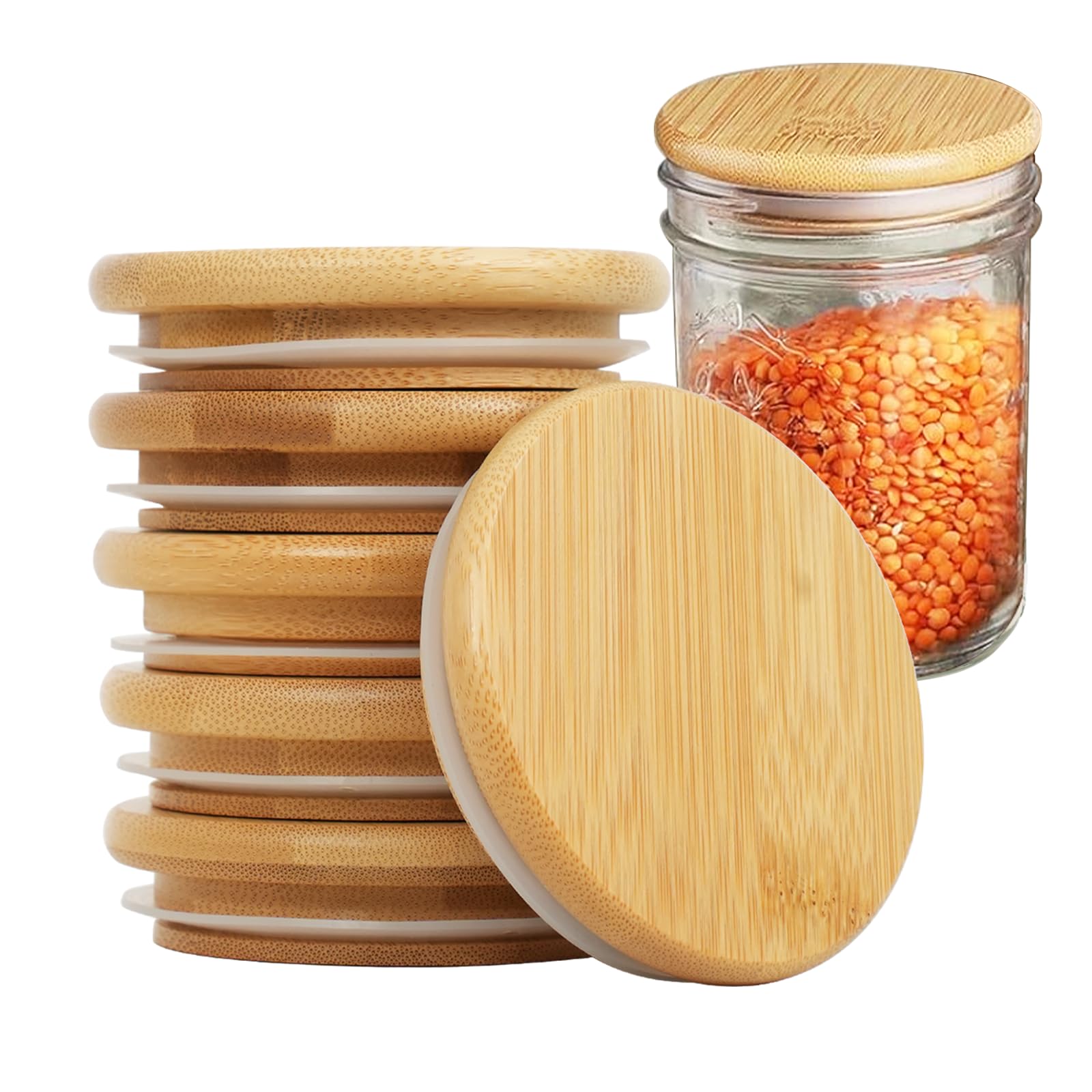 JSATFULMason Jar Bamboo Lids, 86mm/3.4 inch Natural Wooden Mason Jar Lids, Food Grade Material Silicone Sealing, 100% Fit and Airtight for Wide Mouth Mason Jars (6PCS Wide Lids)