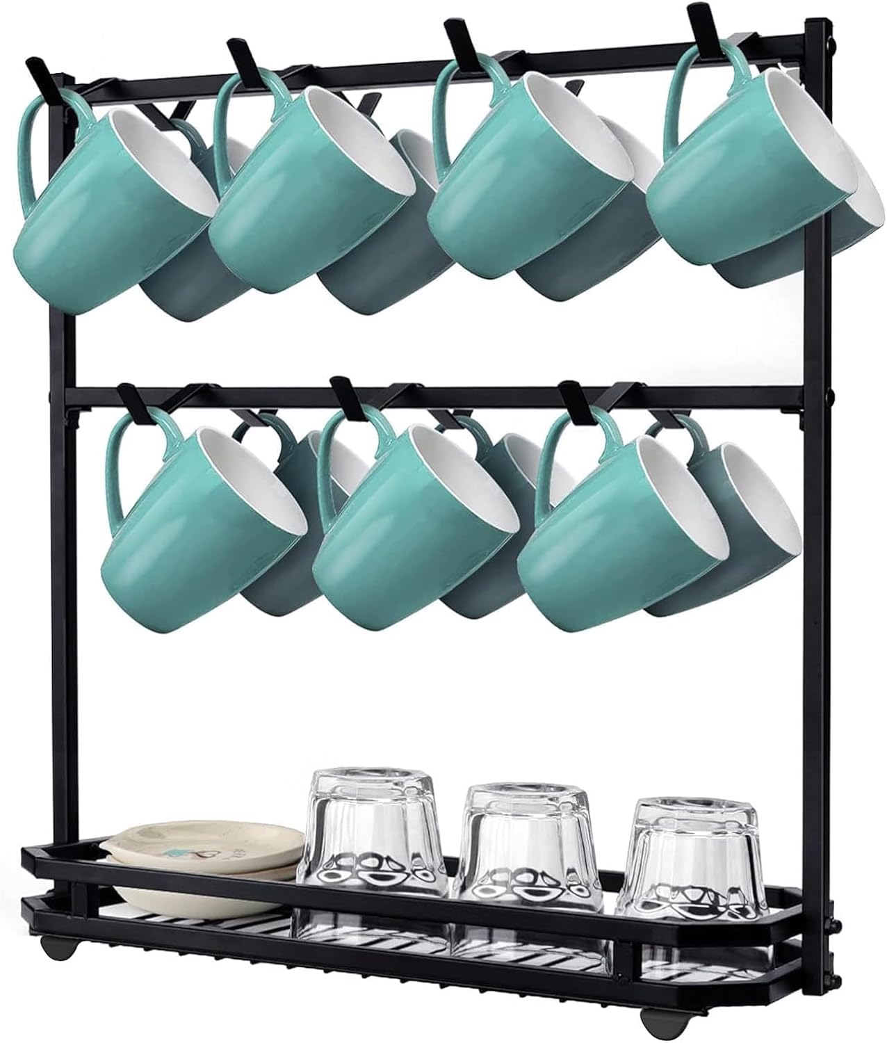 OneLine Coffee Mug Holder Stand Countertop, Rack for 14 Mugs, 2 Tier Counter Display Storage, Metal Wire Tea Cup Holder for Coffee Station Kitchen Organizer (Cups Not Included) (Stylish)