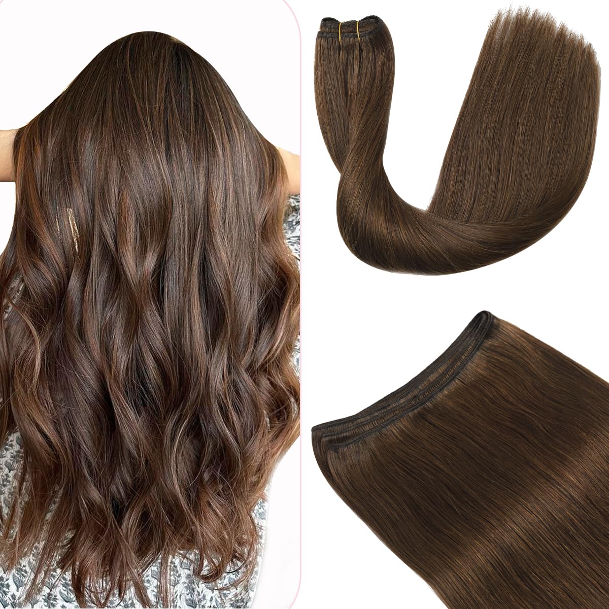 Sindra Weft Hair Extensions Human Hair Chocolate Brown Invisible Hair Wefts Human Hair Sew in Hair Extensions Real Human Hair Double Weft Silky Straight Remy 20Inch 100G(weft#4 20inch)