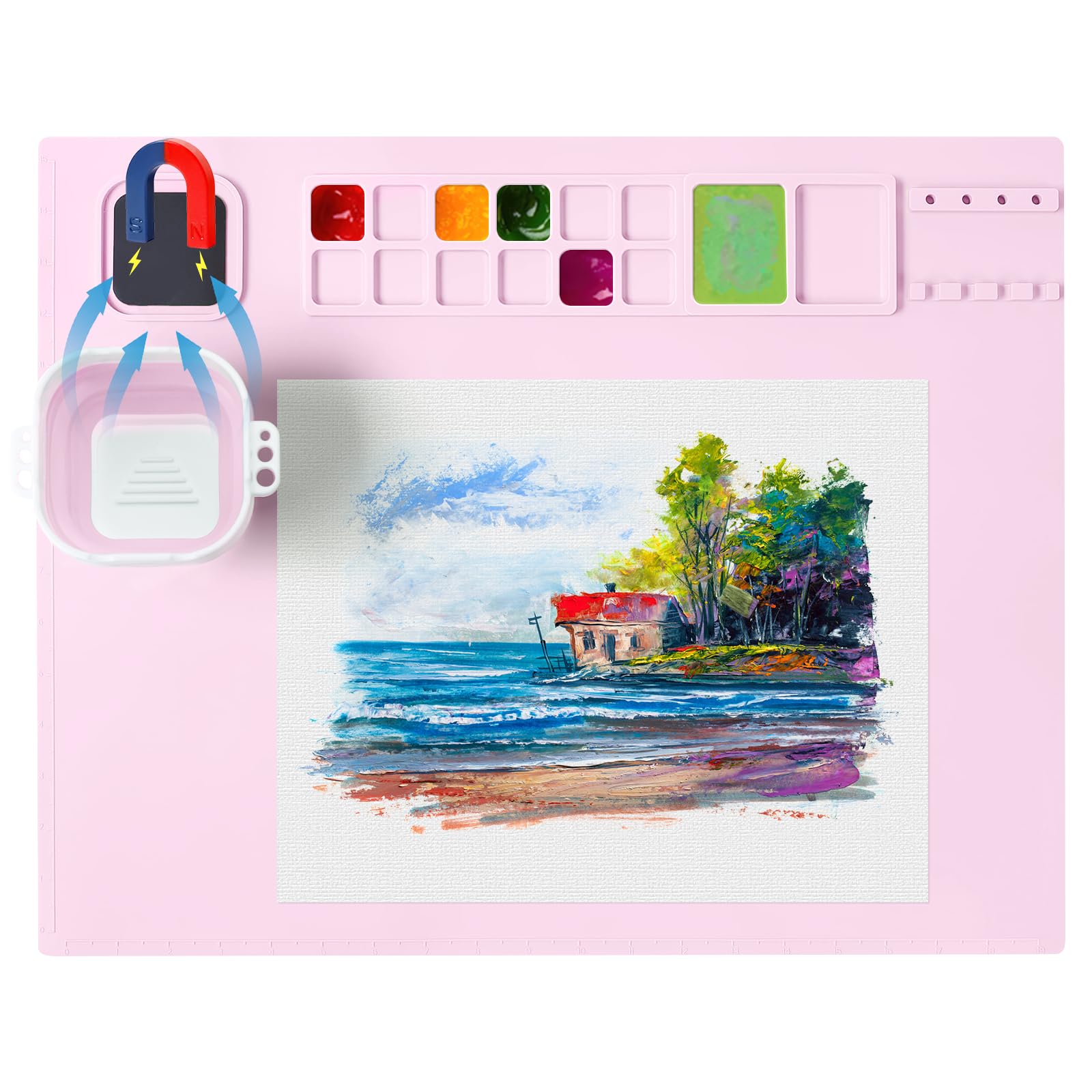 AubecoSilicone Painting Mat, Art Mat with Magnetic Cup, Craft Paint Brush Cleaner, Pink Painting Mat for Kids, Resin, DIY, Clay, Play Doh (Upgrated)