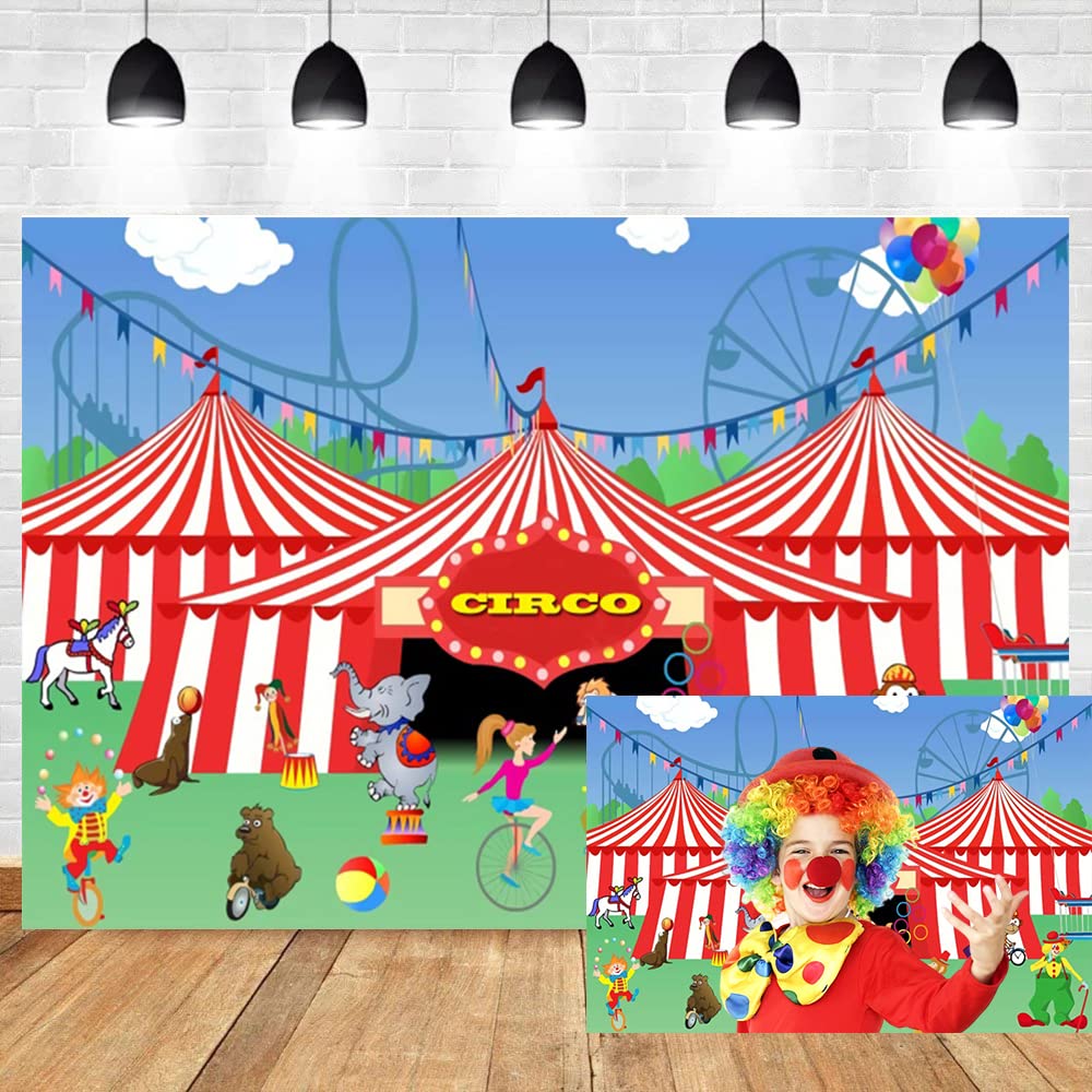 DORCEV 6x4ft Circus Theme Backdrop Big Top Tent Playground Animal Clown Acrobatic Show Roller Coaster Background First 1st Birthday Party Dessert Cake Table Banner Girl Boy Portrait Studio Props