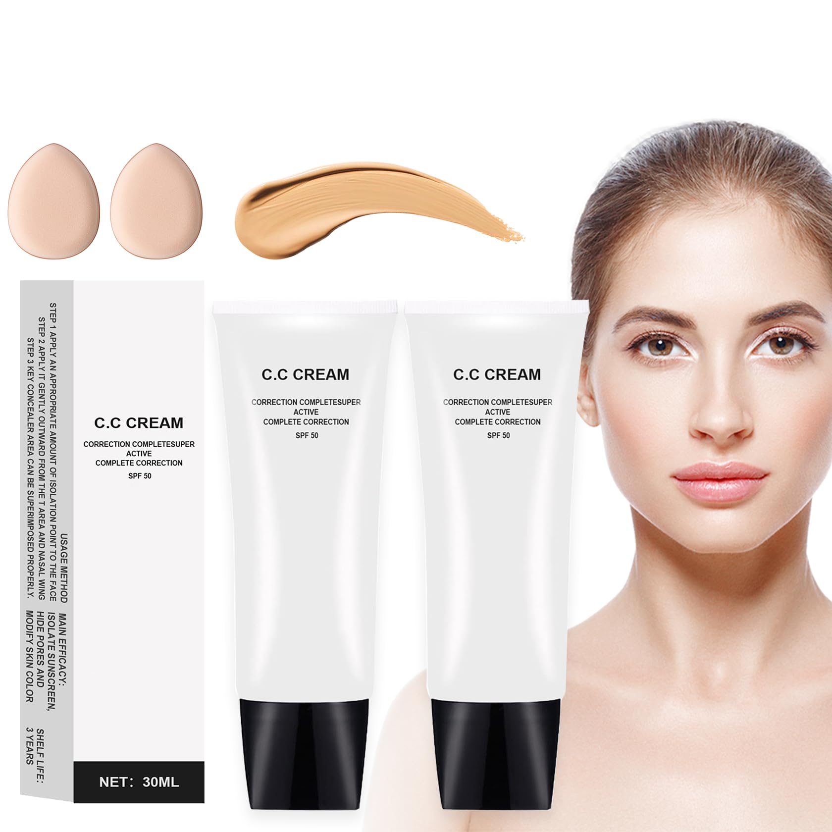 PERVALASkin Tone Adjusting CC Cream Spf 43, Colour Correcting Self Adjusting for Mature Skin, Moisturizing Skin, Primer, Concealer, Brightening Skin Tone（2Pcs Natural Color）