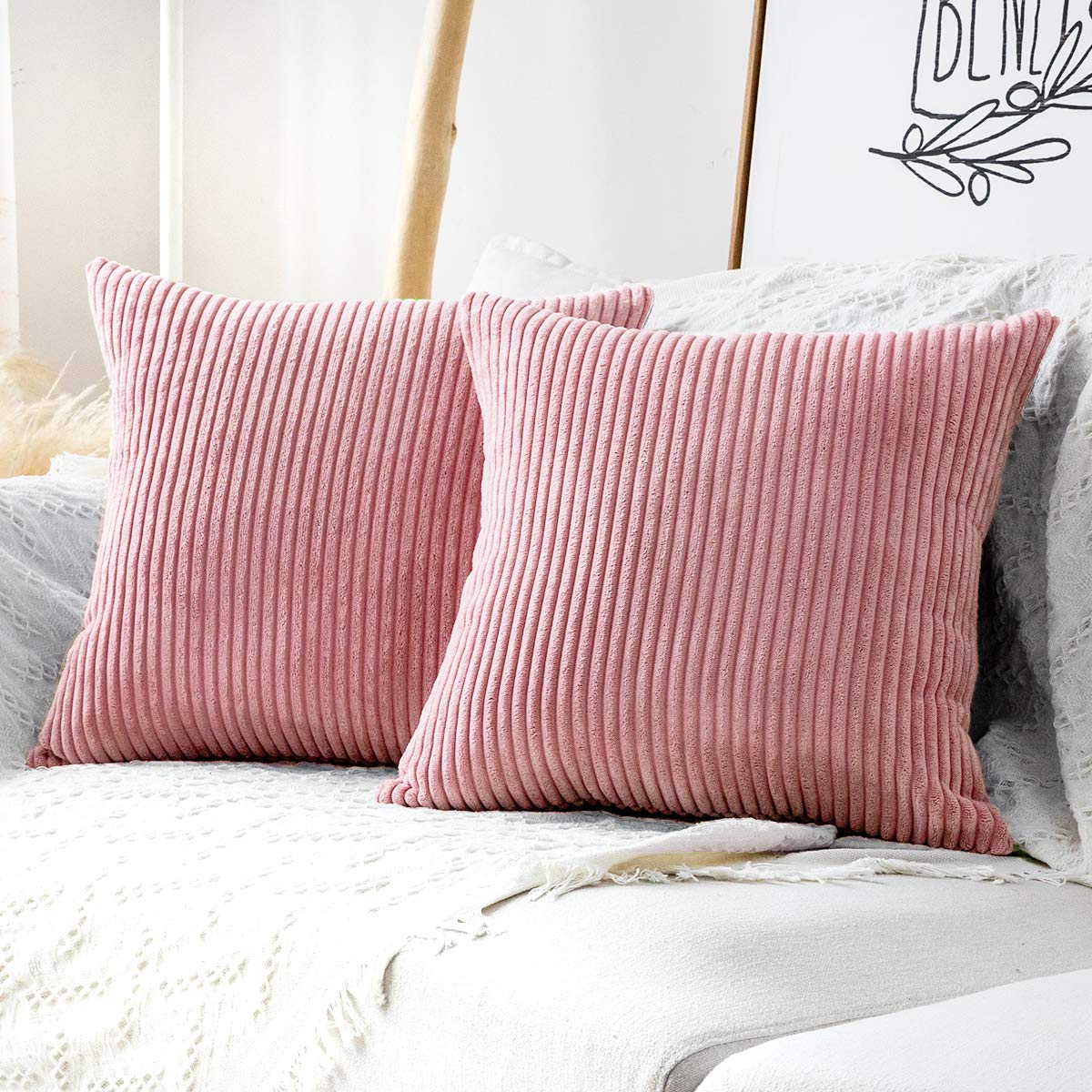 MUDILY Pack of 2, Fluffy Soft Velvet Corduroy Soft Decorative Square Throw Pillow Covers Set Cushion Cases Pillowcases for Sofa Bedroom Car, Pink 18 x 18 inch 45 x 45 cm