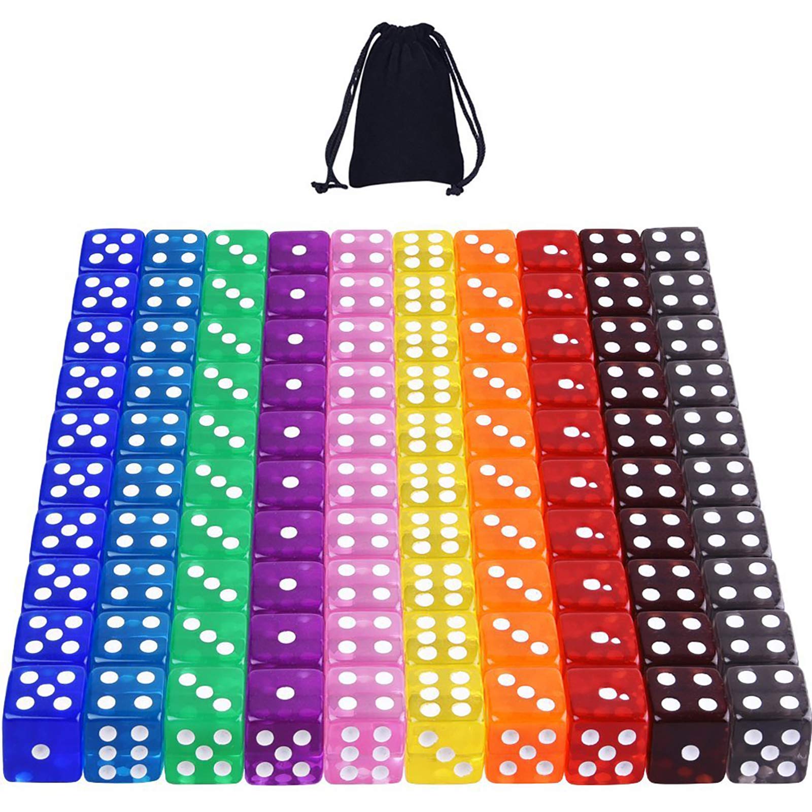 AUSTOR100 Pieces 6-Sided Game Dice Set (Free Pouch), 10 Translucent Colors Square Corner Dice for Tenzi, Farkle, Yahtzee, Bunco or Teaching Math