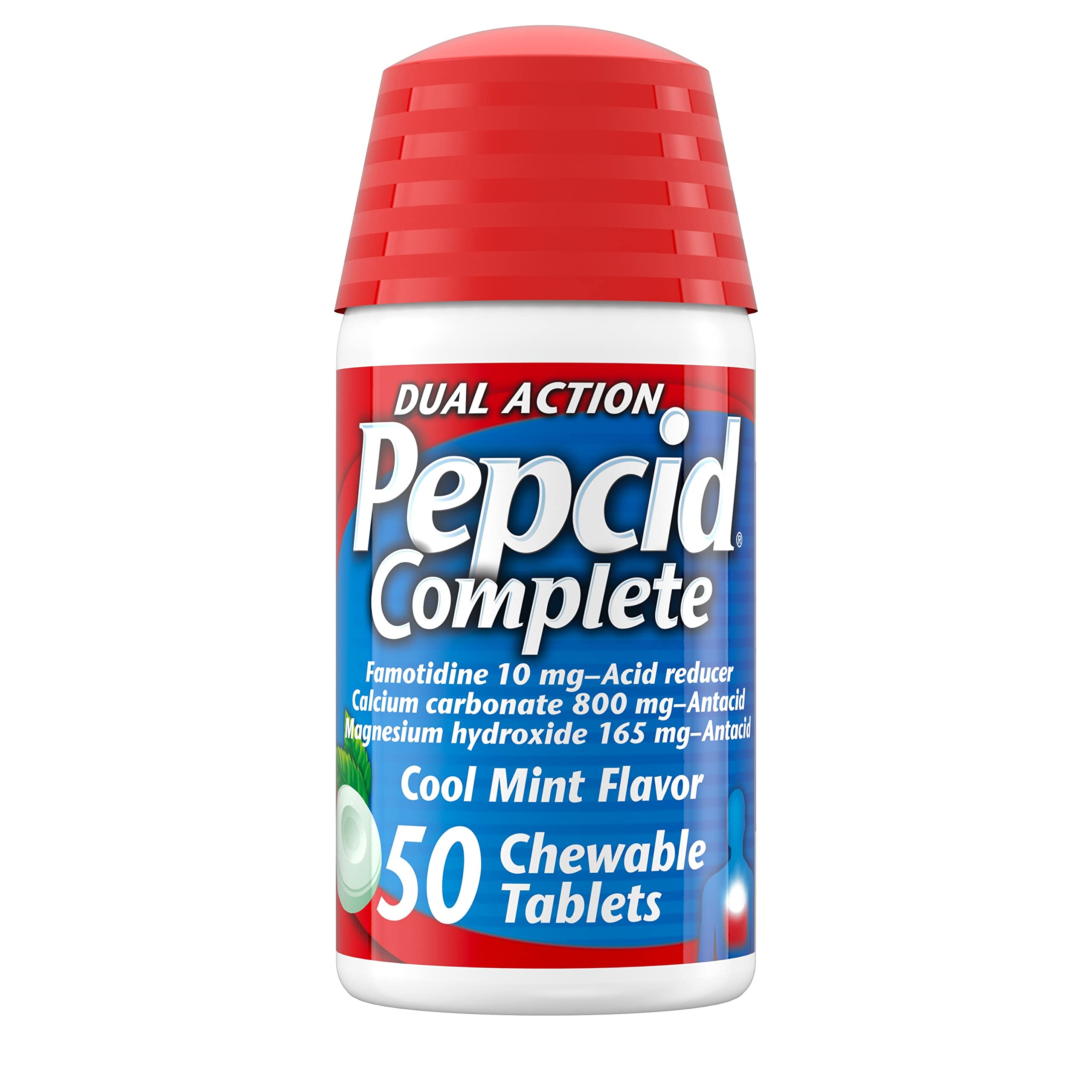 PepcidComplete Acid Reducer + Antacid Chewable Tablets, Heartburn Relief, Mint, 50 ct